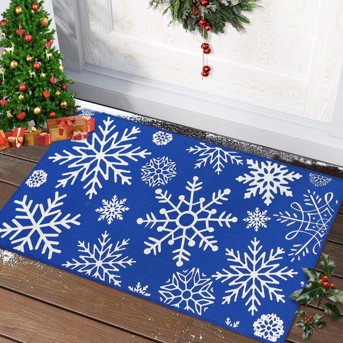 Zerbino Garvee Kerst 50x80 cm Lavabile Antiscivolo Decorazione Natalizia Fiocchi di Neve Rossi Blu Per Ingresso Cucina Camera da Letto