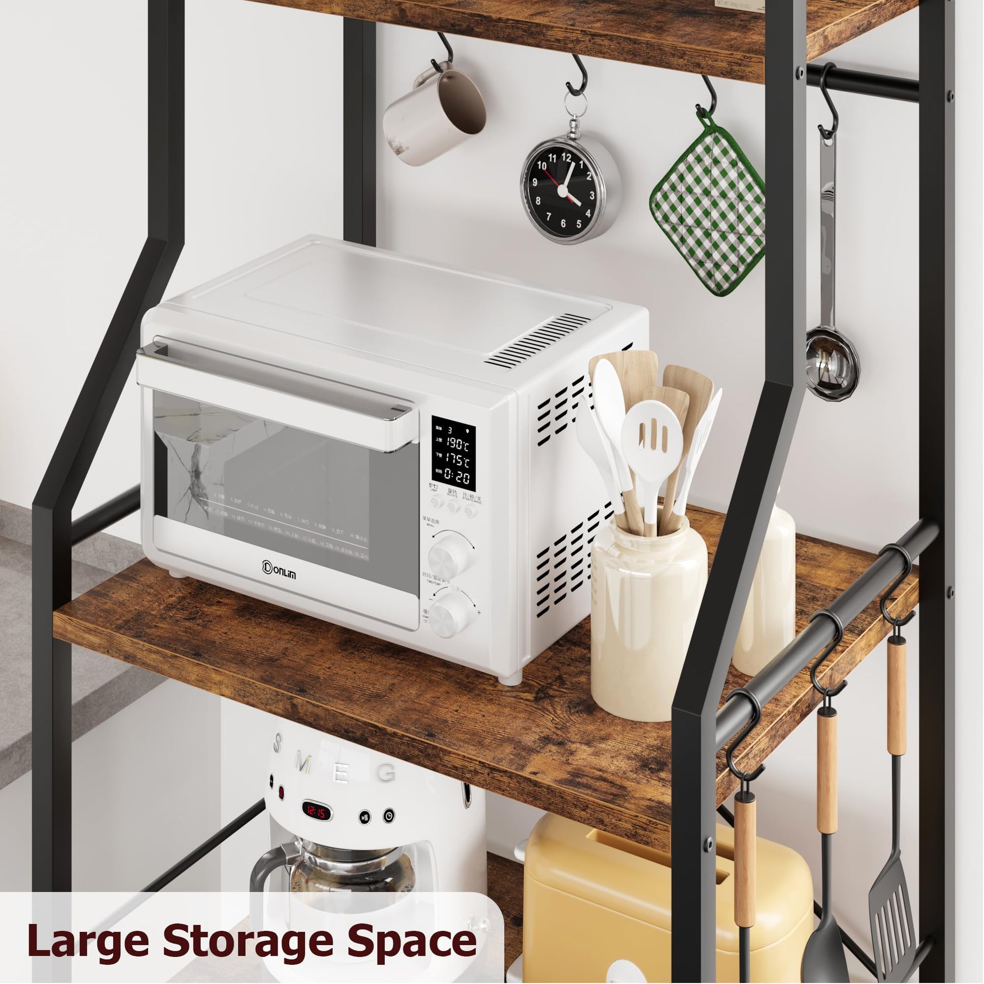 Garvee Kitchen Baker's Rack con supporto per microonde, grande cestello in filo metallico, 4 ripiani, robusto MDF e acciaio, 8 ganci, marrone rustico, per cucina e bar