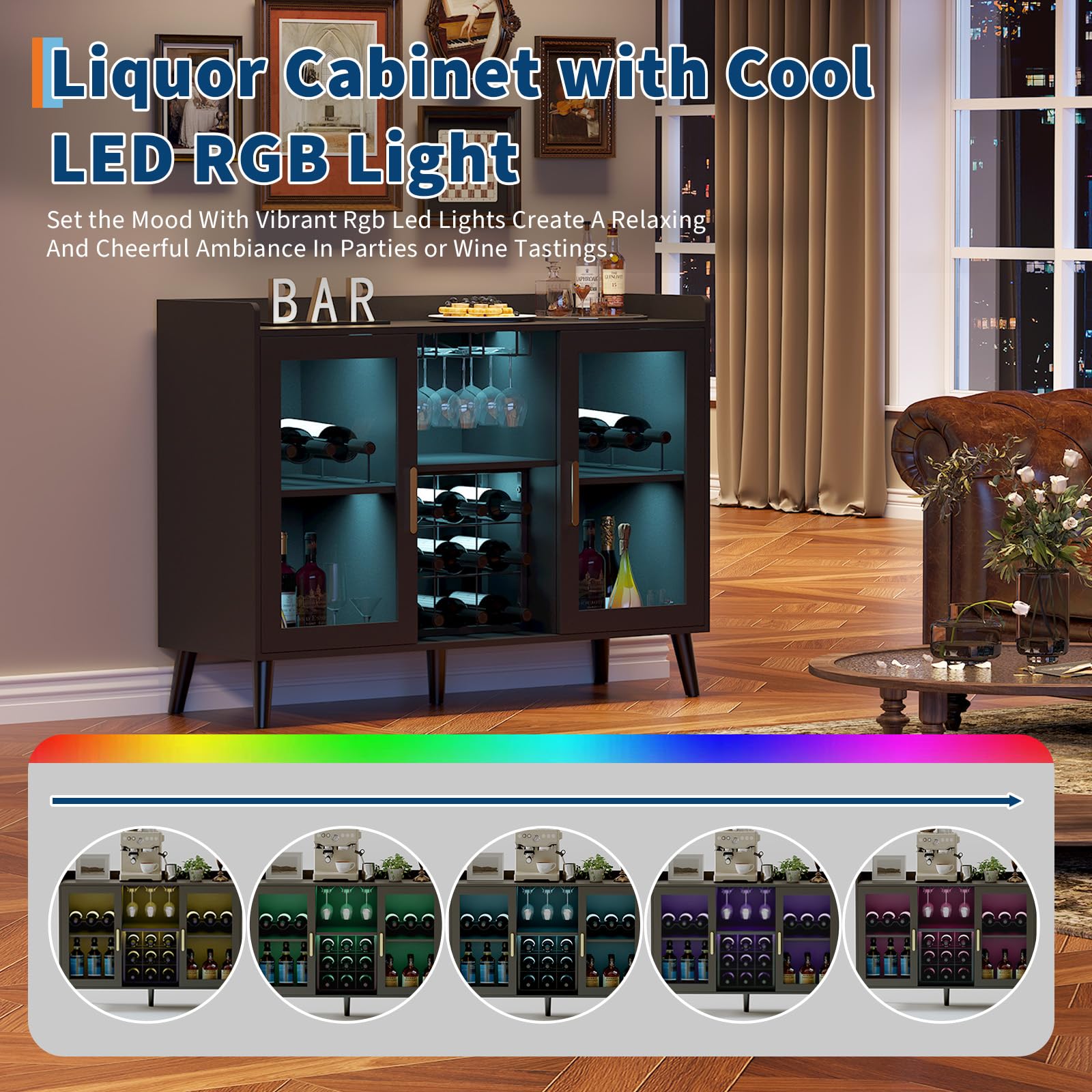 Mobile bar per vini indipendente Garvee con portabottiglie e illuminazione a LED per soggiorno e sala da pranzo, ripiano in legno e vetro da 47,2 pollici