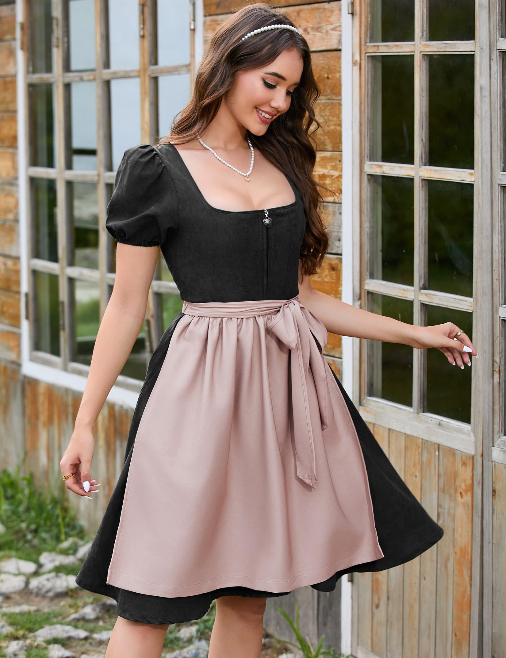 Garvee Dirndl, abito tradizionale da donna midi in pelle scamosciata con grembiule, nero, taglie 34-52