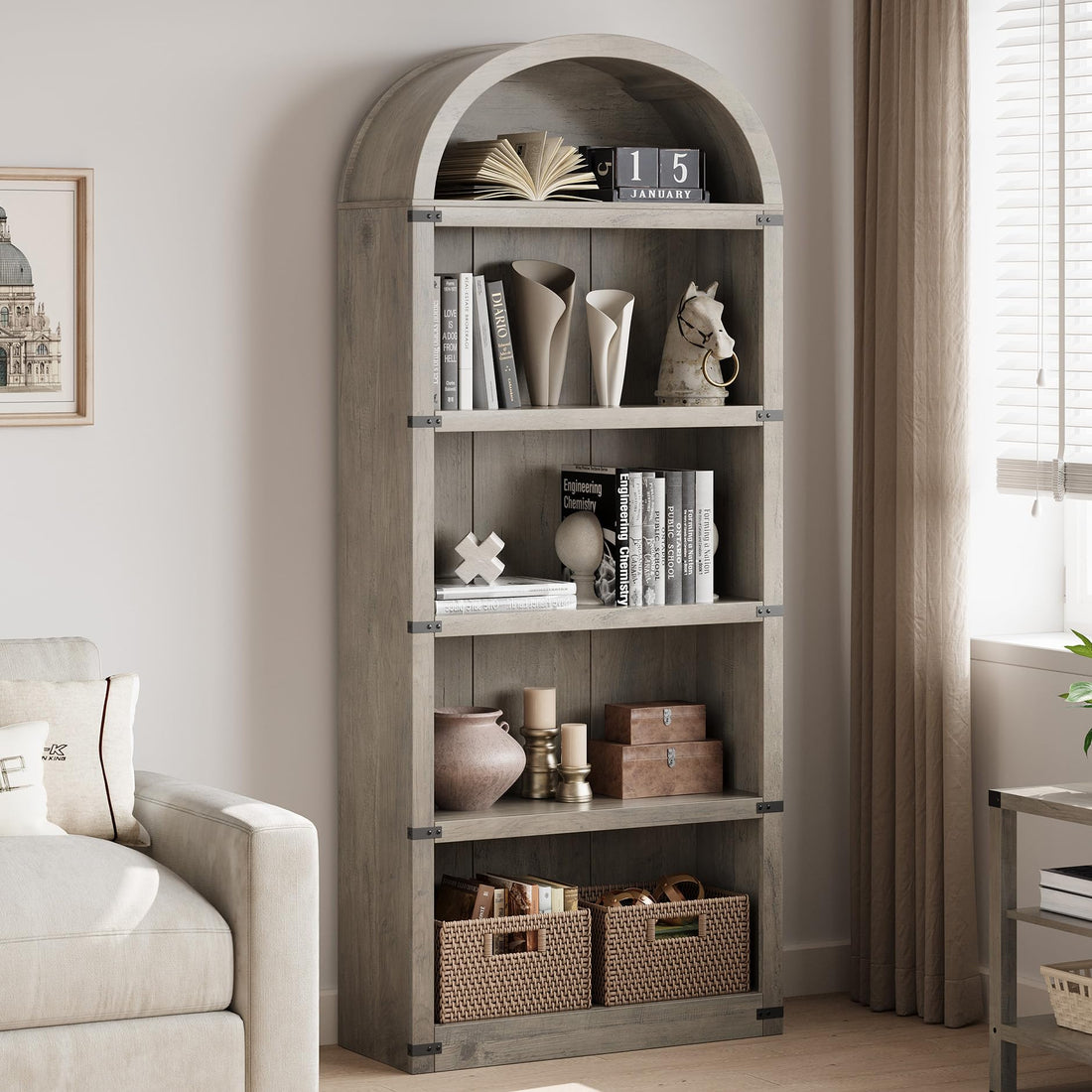 Libreria Garvee con 5 ripiani, stile fattoria ad arco, in legno con protezioni angolari in metallo per soggiorno e ufficio, 71,65" x 29,92" x 11,88" in legno naturale