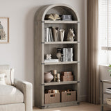 Libreria Garvee con 5 ripiani, stile fattoria ad arco, in legno con protezioni angolari in metallo per soggiorno e ufficio, 71,65" x 29,92" x 11,88" in legno naturale - Bianco
