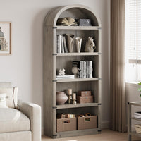 Libreria Garvee con 5 ripiani, stile fattoria ad arco, in legno con protezioni angolari in metallo per soggiorno e ufficio, 71,65" x 29,92" x 11,88" in legno naturale