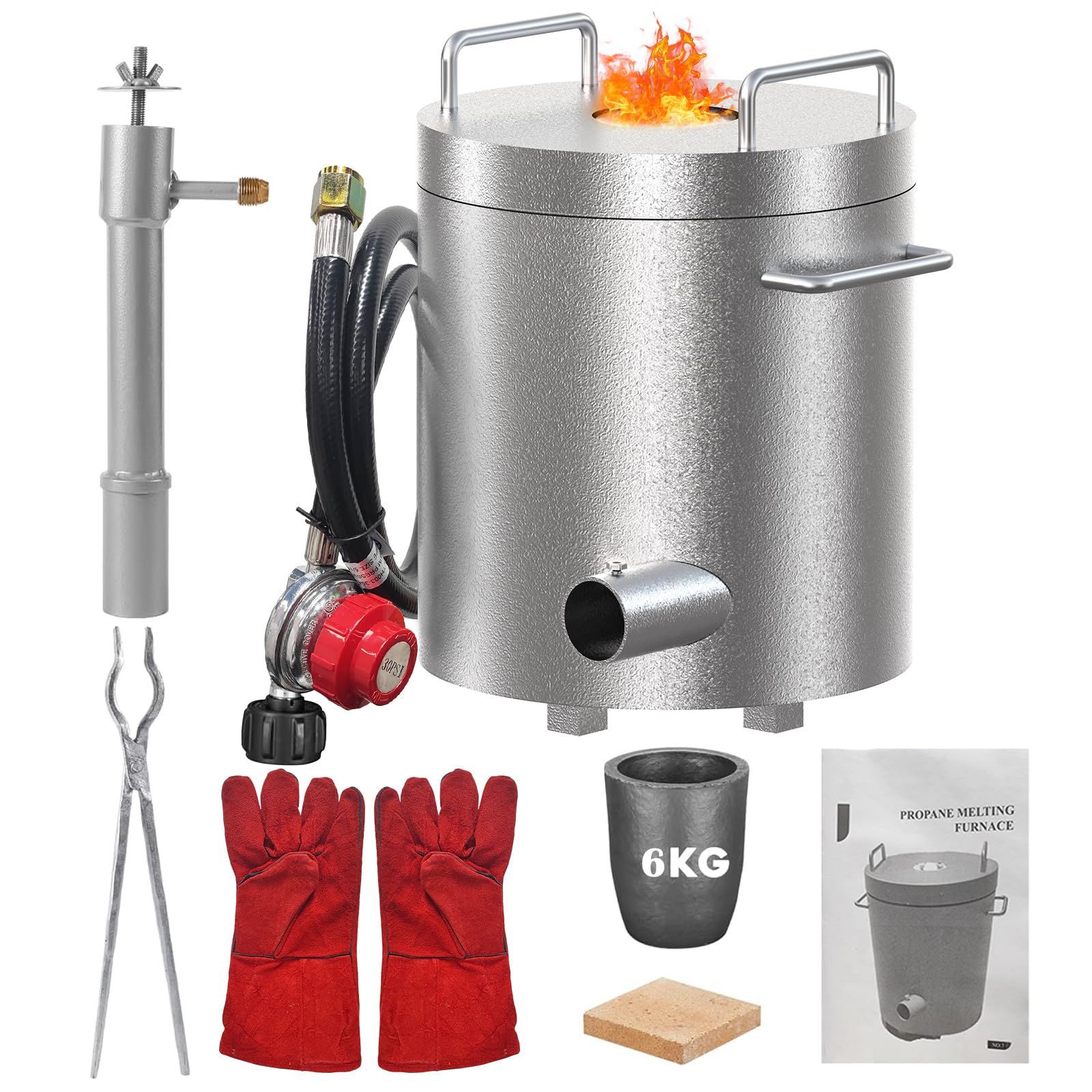 Kit forno di fusione a propano in acciaio inossidabile Garvee da 6 kg con crogiolo e pinze per oro, argento, rame e alluminio fai da te, isolato fino a 1300 °F
