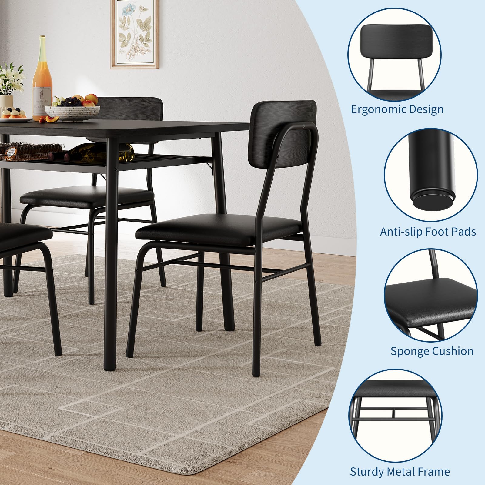 Set da pranzo Garvee per 2 persone con contenitore, struttura in metallo, sedie imbottite, piano in legno MDF, nero, salvaspazio per piccoli appartamenti
