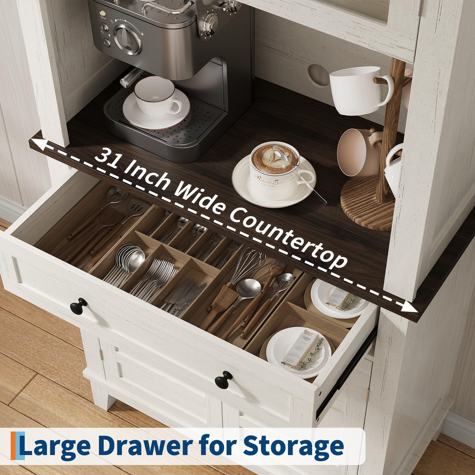 Mobile dispensa da cucina alto Garvee da 182.88 cm con scomparto per microonde, spazio di archiviazione, legno, cassetti, ante in vetro, bianco, sala da pranzo