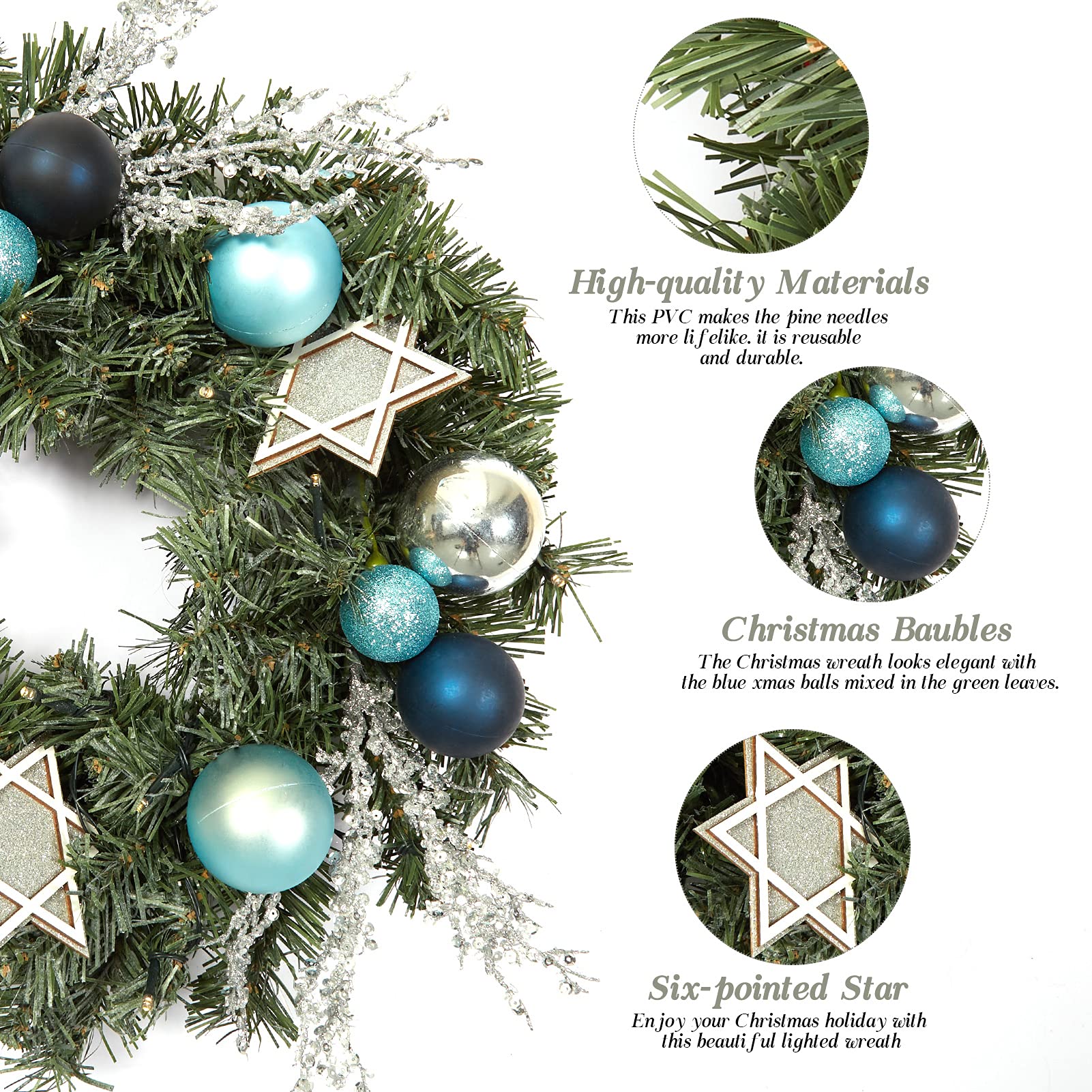 Ghirlanda natalizia Garvee da 18 pollici con 15 luci LED, PVC verde da 45 cm, stella bianca a sei punte, palline di Natale blu, anello di metallo per porta, parete, camino