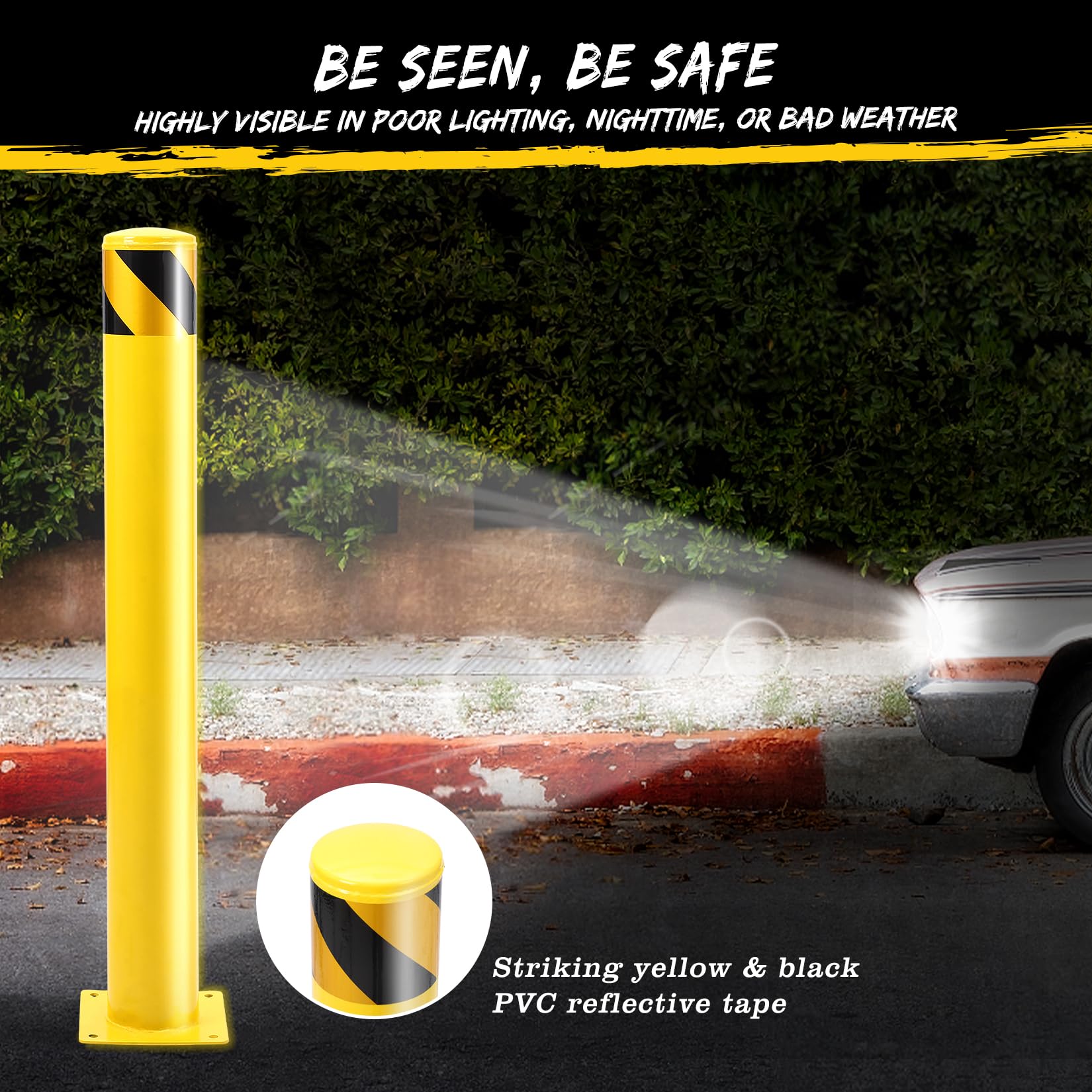 Garvee Safety Bollard 36 pollici in acciaio riflettente resistente alle intemperie per parcheggi e marciapiedi giallo