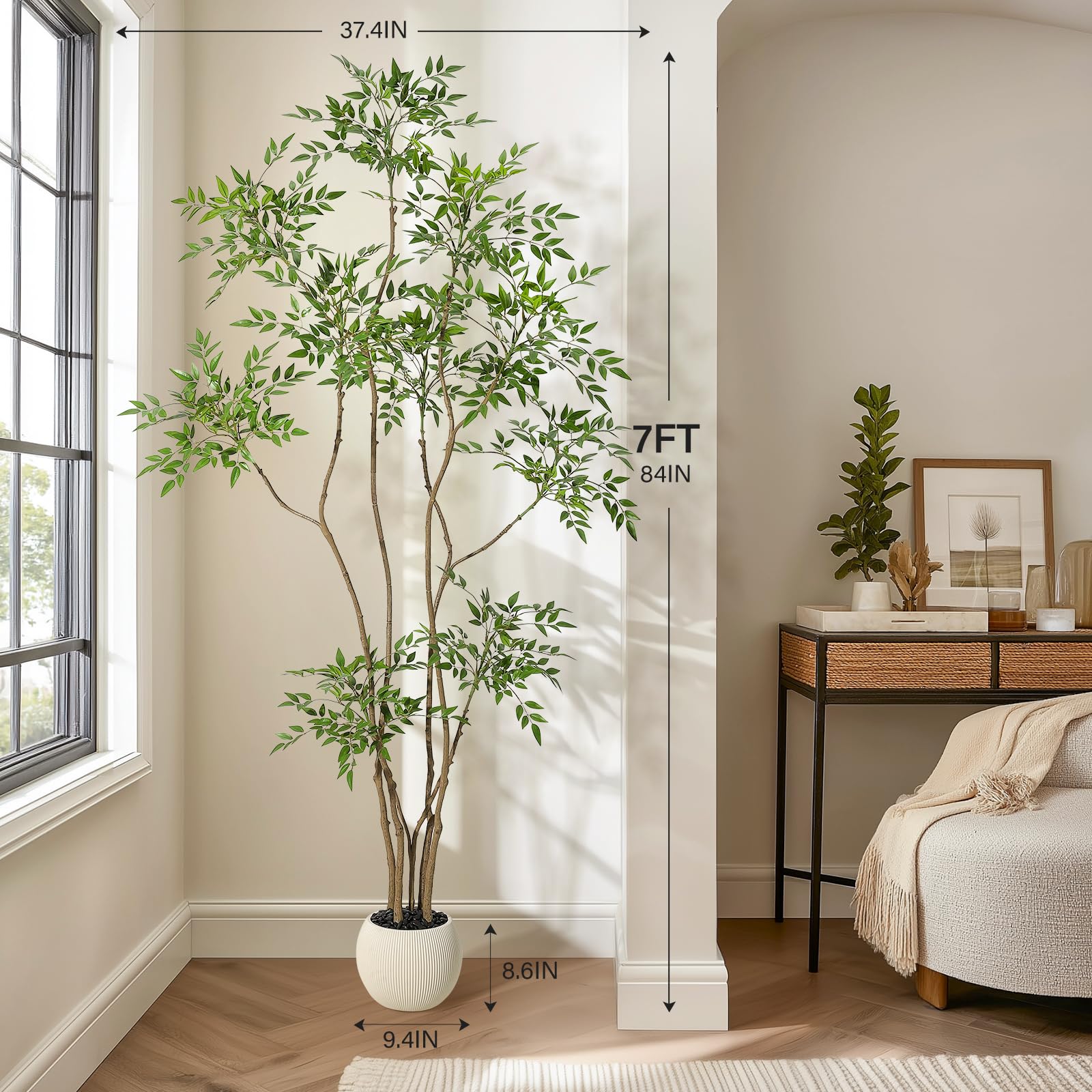 Pianta artificiale da interno Garvee, albero Nandina da 2,1 m con vaso bianco, realistica, facile da pulire, in plastica, decorazione per soggiorno e ufficio