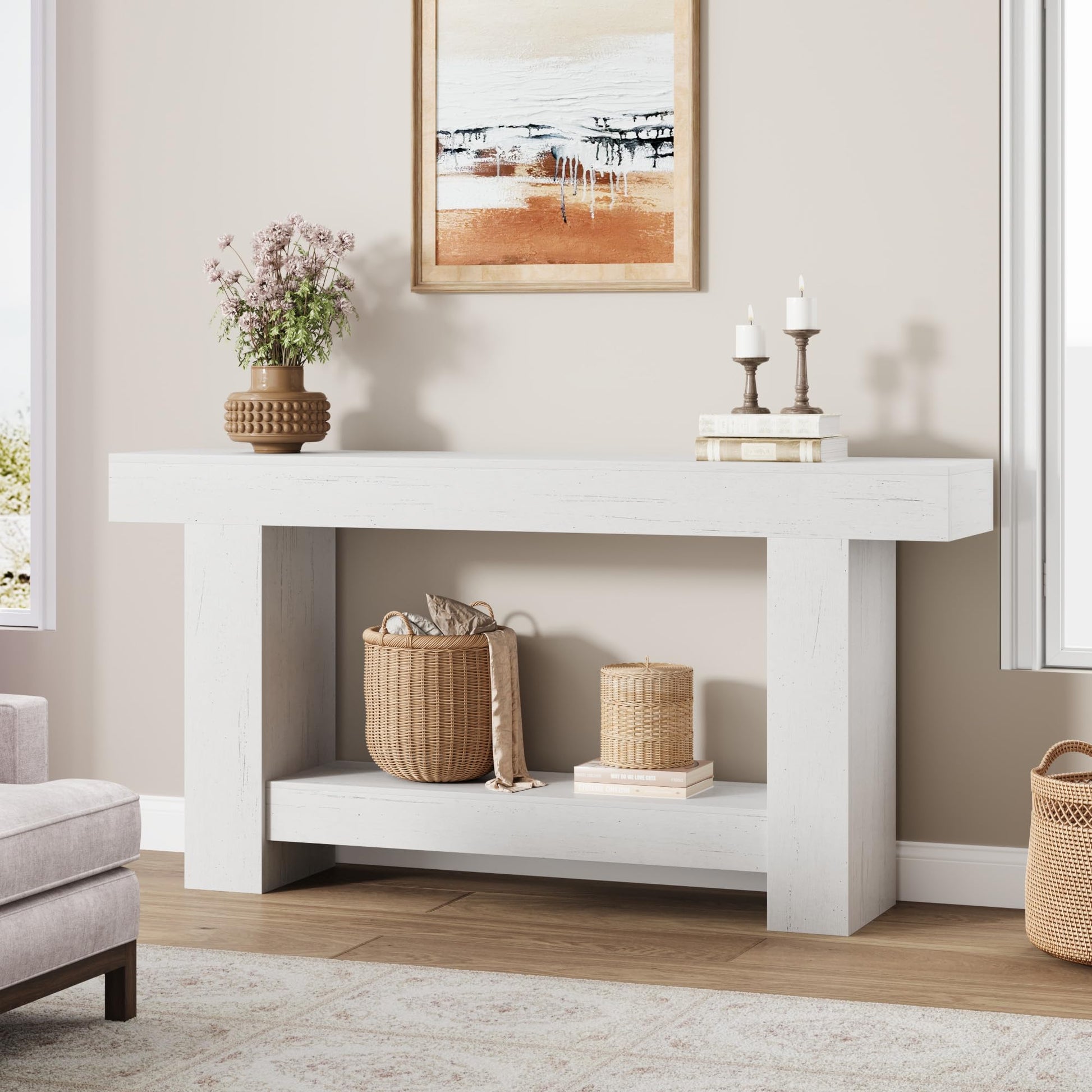 Tavolo consolle Garvee da 63" per corridoio con 2 ripiani, legno robusto, stile rustico, rettangolare, versatile per soggiorno e ingresso