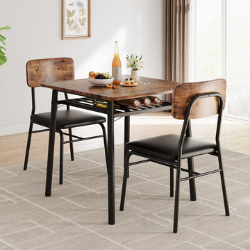 Tavolo da pranzo Garvee per 2 persone con contenitore, struttura in metallo, sedie imbottite, piano in legno MDF, salvaspazio, marrone, cucine piccole