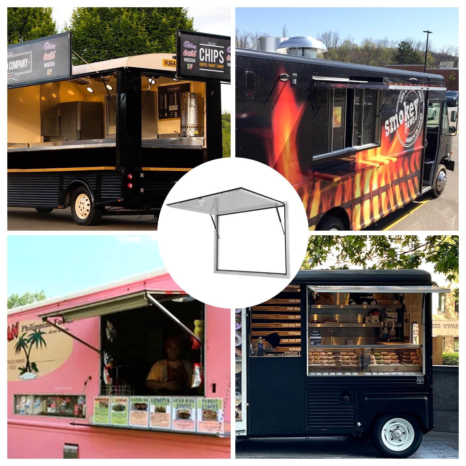 Finestra per concessioni Garvey con tenda da sole, telaio in alluminio, doppia chiusura a forcella, aste di sollevamento idrauliche, resistente alle intemperie, finestra per food truck, 48"x36"