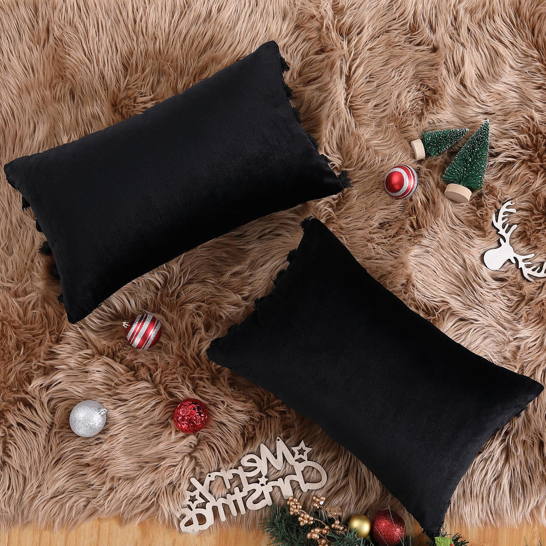 Cuscino in velluto Garvee con nappe, cerniera nascosta, 12x20 pollici, nero, rettangolare, per soggiorno