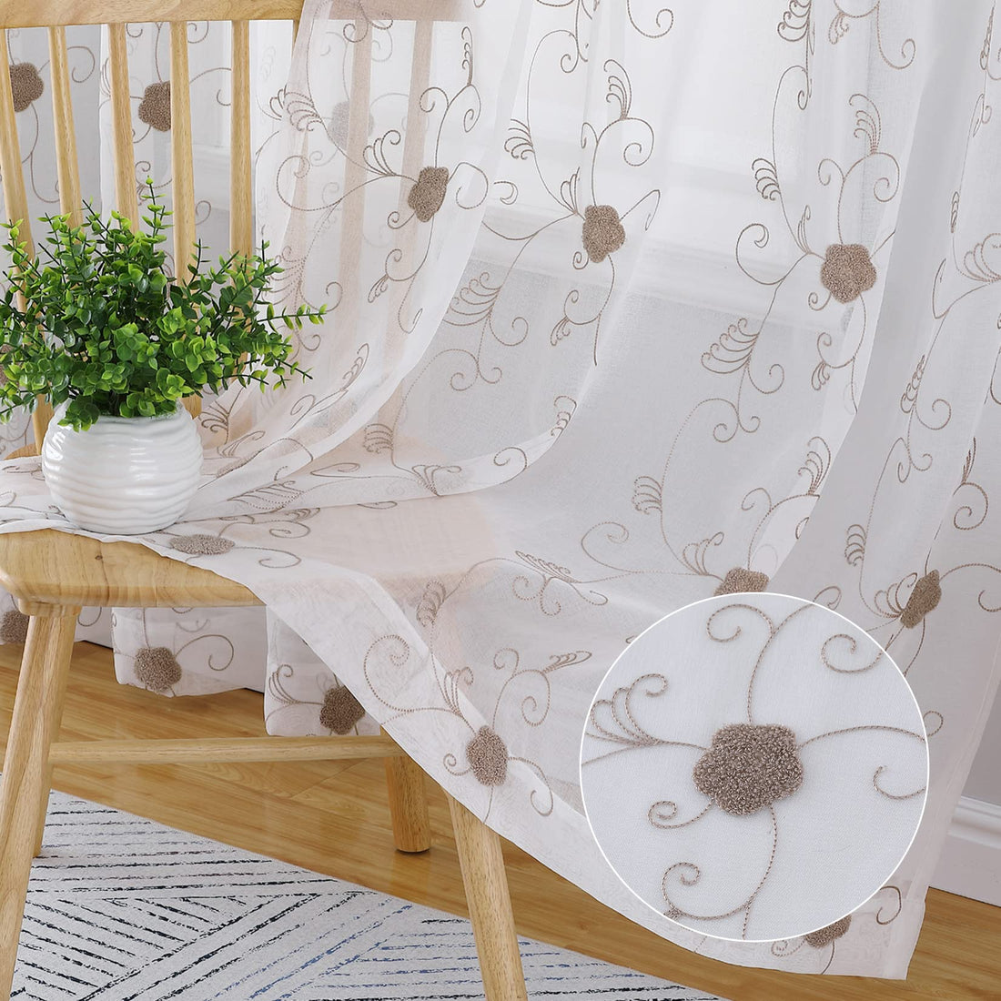 Tende in voile GARVEE con motivo floreale, semitrasparenti, in poliestere leggero, marrone, 140x245 cm, per cucina e bagno