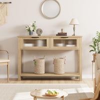 Tavolo consolle in legno Garvee con 2 cassetti in vetro, MDF robusto, stile country per corridoio e soggiorno, 43,3"x11,8"x31,4", Burlywood