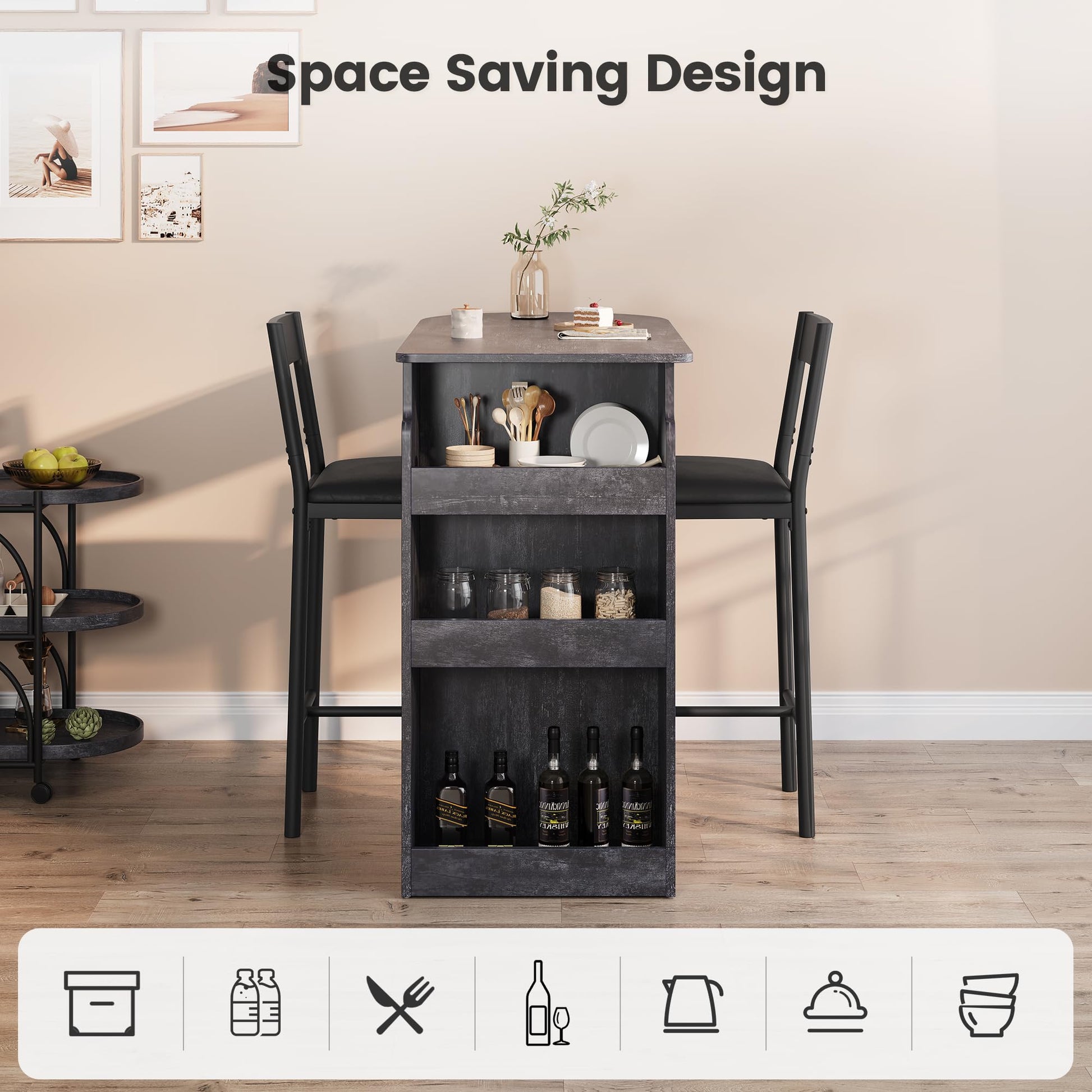 Set tavolo e sedie da bar Garvee con piano semicircolare in stile retrò, 3 ripiani, sgabelli rivestiti in pelle per cucina e ufficio, moderno, salvaspazio