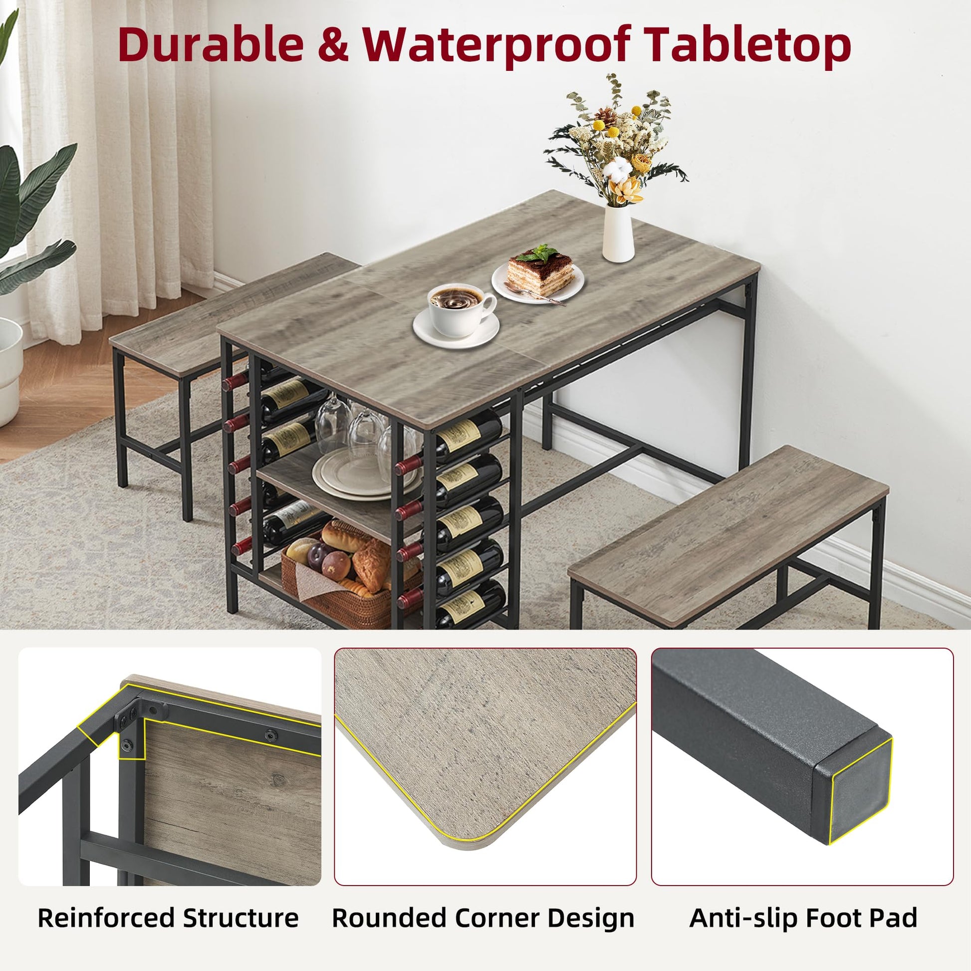 Set da pranzo Garvee per 4 persone con portabottiglie e contenitore, metallo e legno, salvaspazio, robusto, 2 panche, piccoli spazi