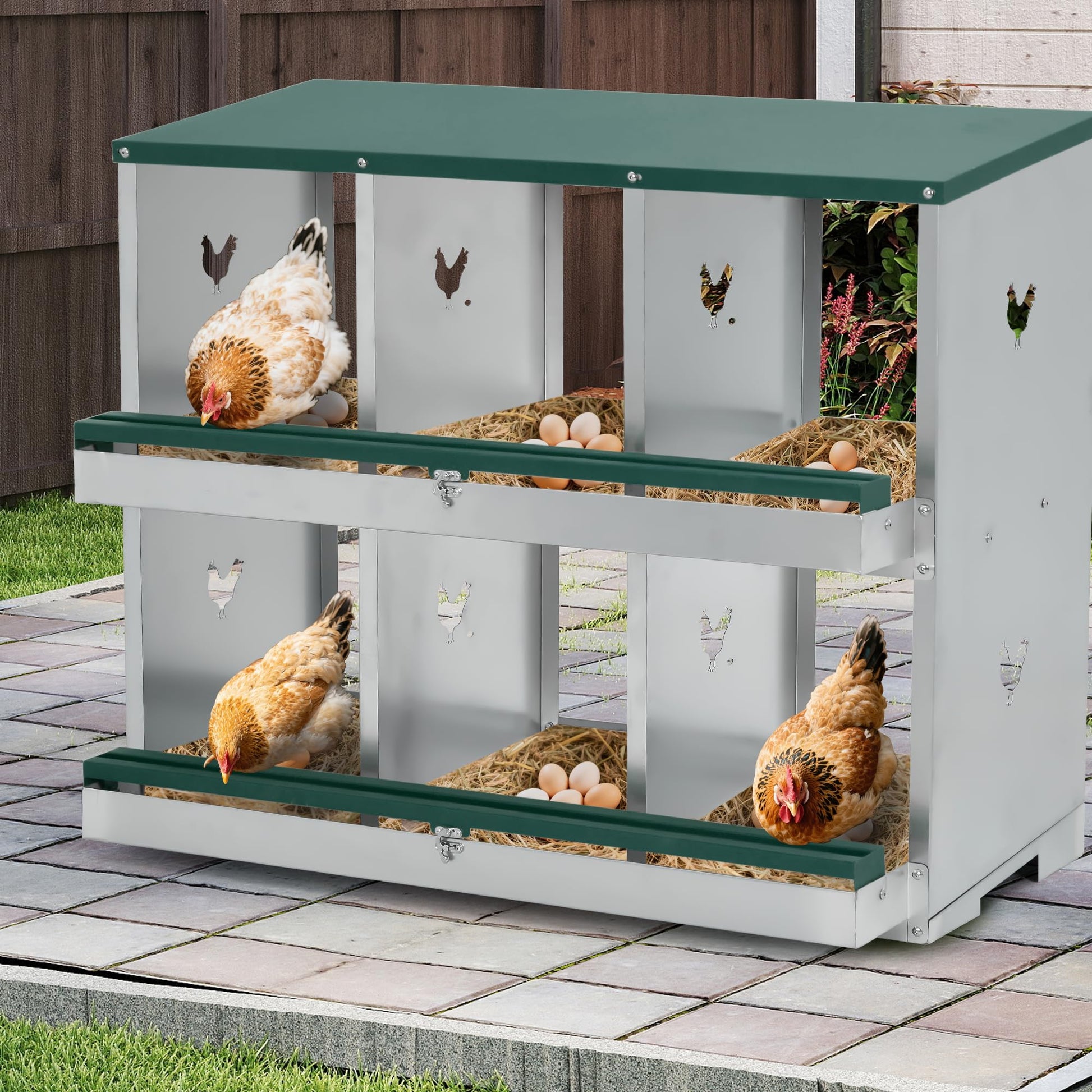 Nido per polli Garvee, in metallo, a due piani, 3 scomparti, 12x11 pollici, resistente alle intemperie, ventilato, per pollai