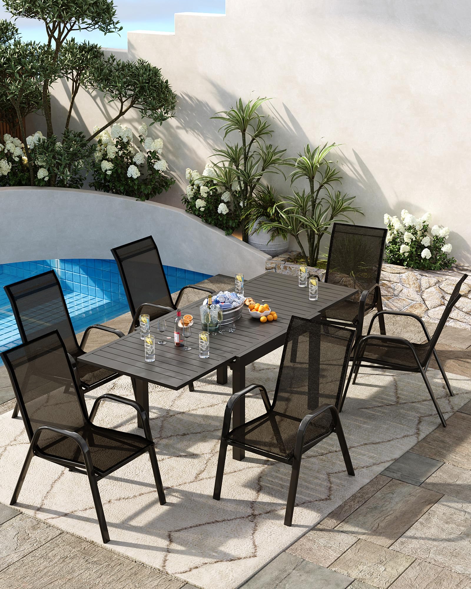 Set di 4 sedie da giardino Garvee, impilabili, leggere, in materiale Teslin traspirante, resistenti alle intemperie, nere, per giardino e piscina, 24,2"P*23,6"W*37,8"H