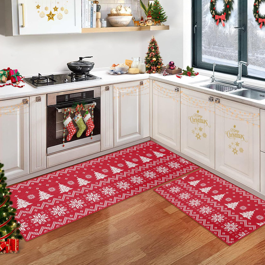 Tappetini da cucina natalizi Garvee, set da 2 pezzi, tappetini simili in lino bohémien per pavimento e bagno, 40x60 cm + 40x120 cm