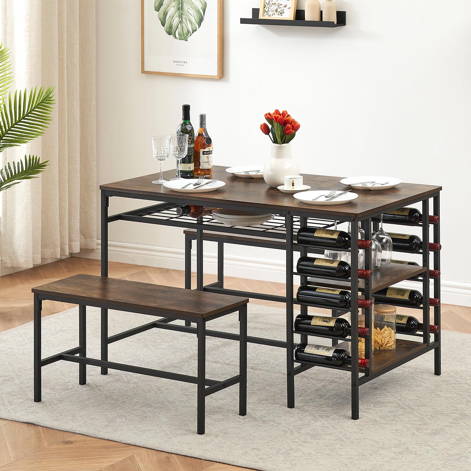 Tavolo da pranzo Garvee per 4 persone con portabottiglie e contenitore, robusto metallo e legno, salvaspazio, rettangolare, ideale per stanze piccole