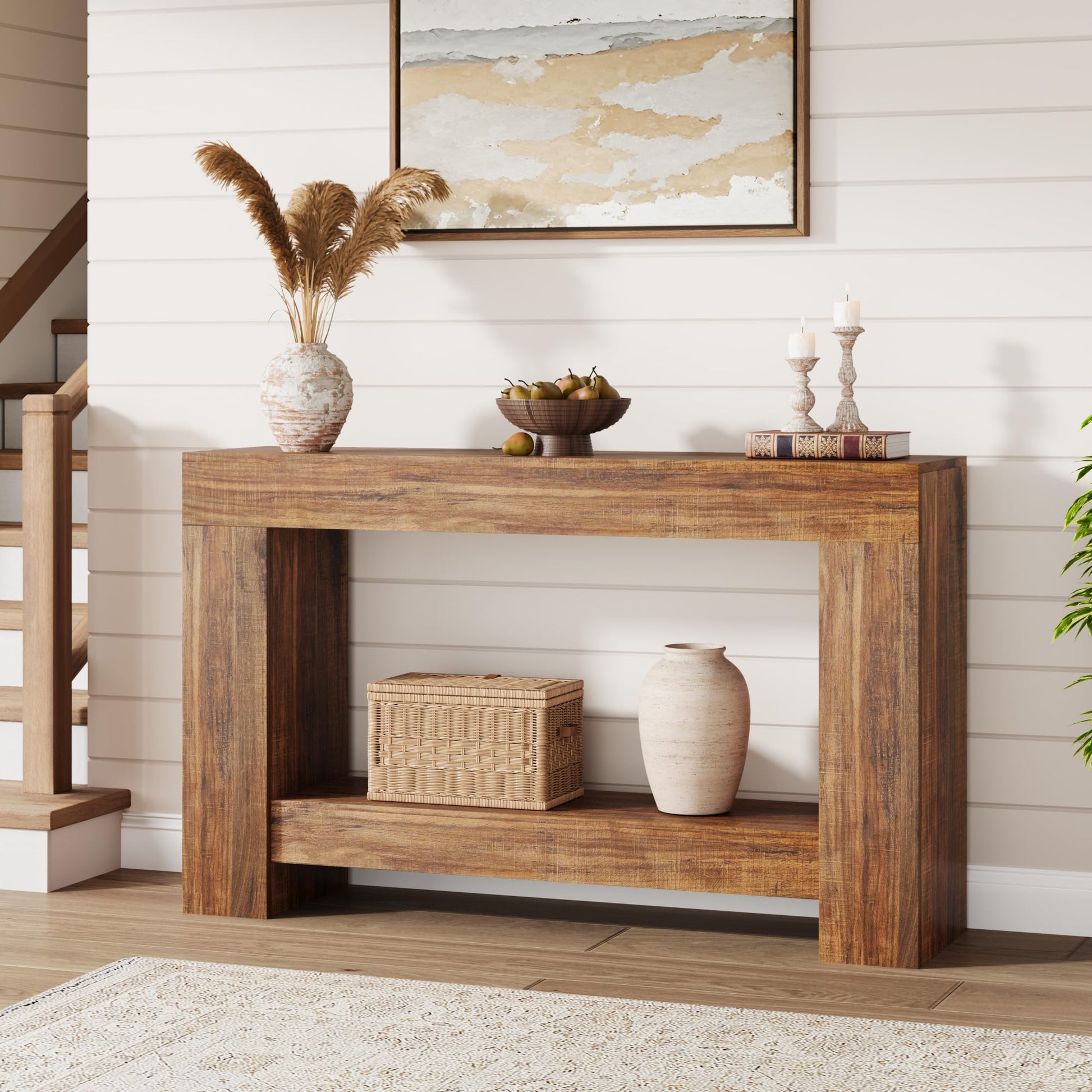 Tavolo consolle Garvee da 47" per corridoio con 2 ripiani, base in legno robusto, stile country, soggiorno e ingresso, marrone
