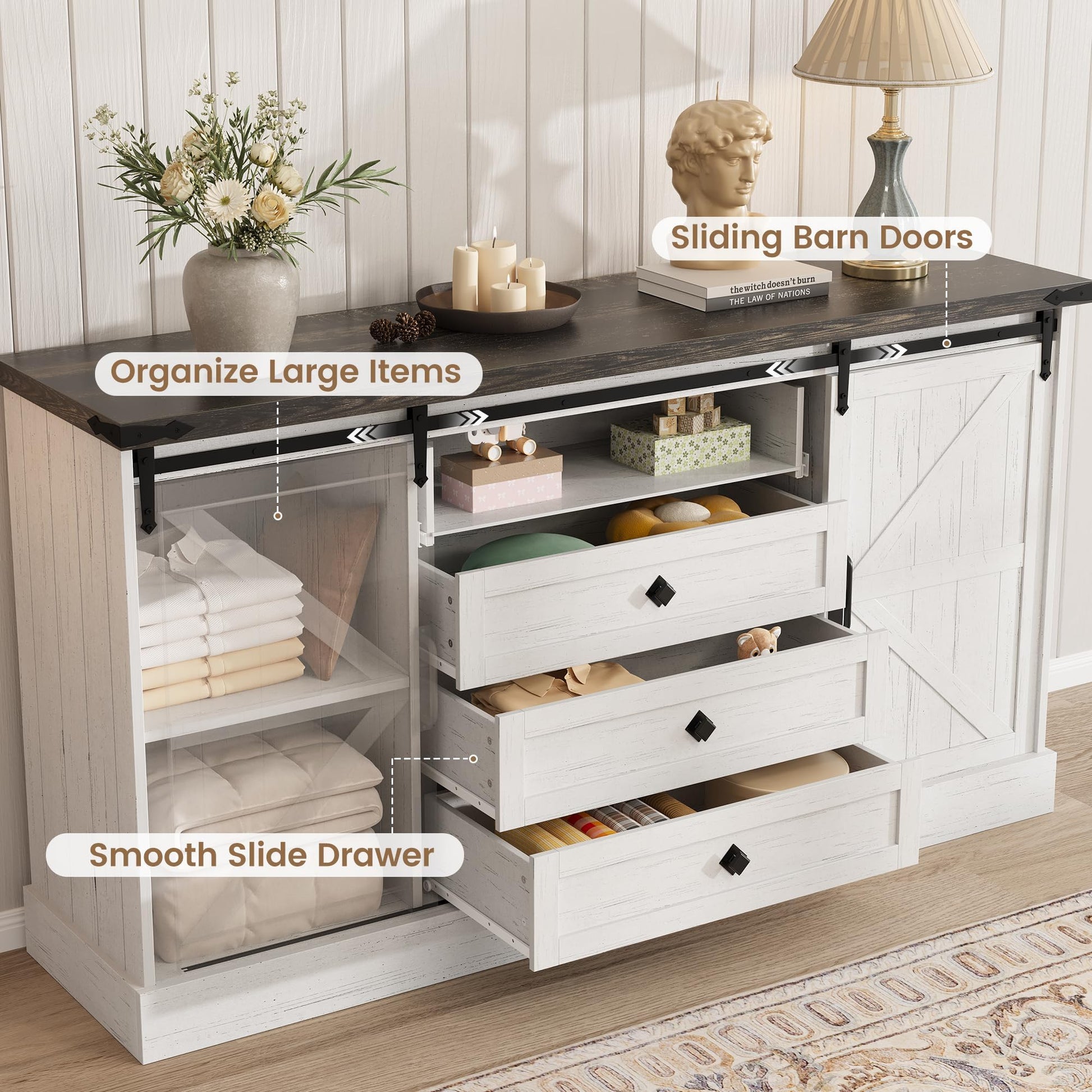 Mobile porta TV Garvee con 4 cassetti, ante scorrevoli, stile rustico, 65 pollici, bianco per camera da letto e soggiorno