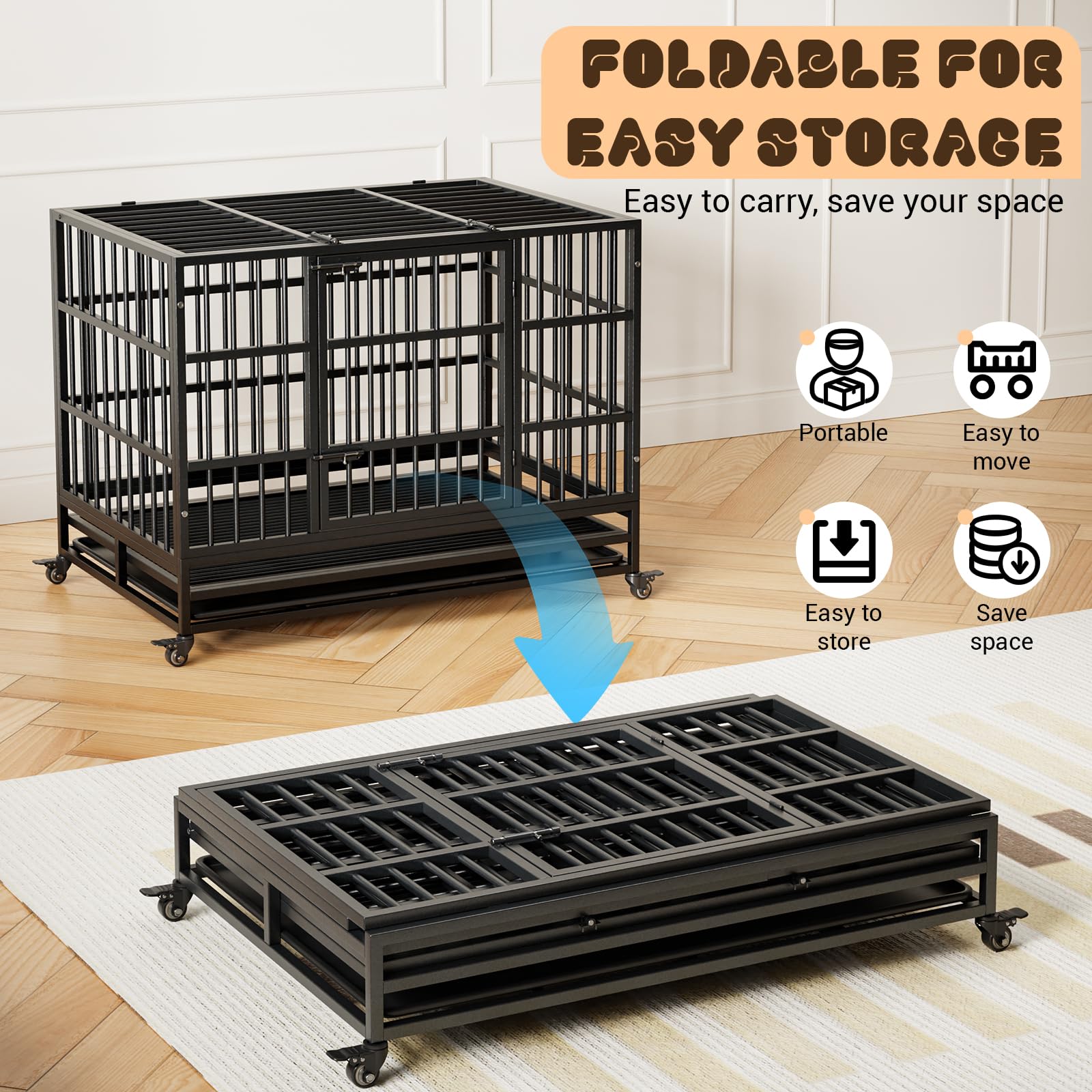 Garvee Heavy Duty Dog Crate da 42,5 pollici con doppie porte, ruote girevoli a 360°, metallo, vassoio rimovibile, pieghevole, per cani di piccola e grande taglia, per interni