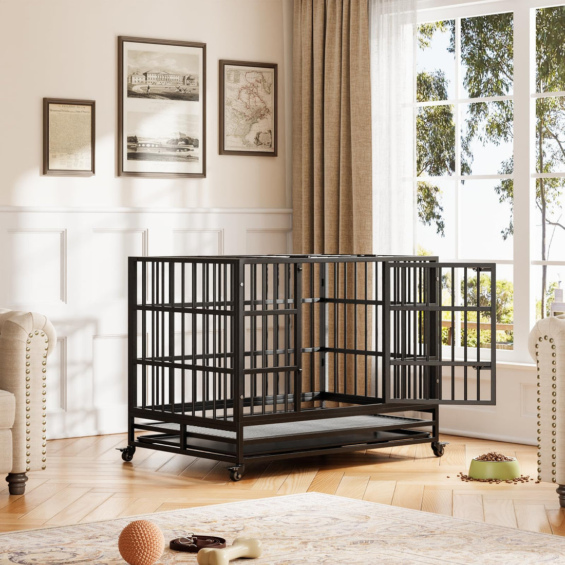 Garvee Heavy Duty Dog Crate da 42,5 pollici con doppie porte, ruote girevoli a 360°, metallo, vassoio rimovibile, pieghevole, per cani di piccola e grande taglia, per interni