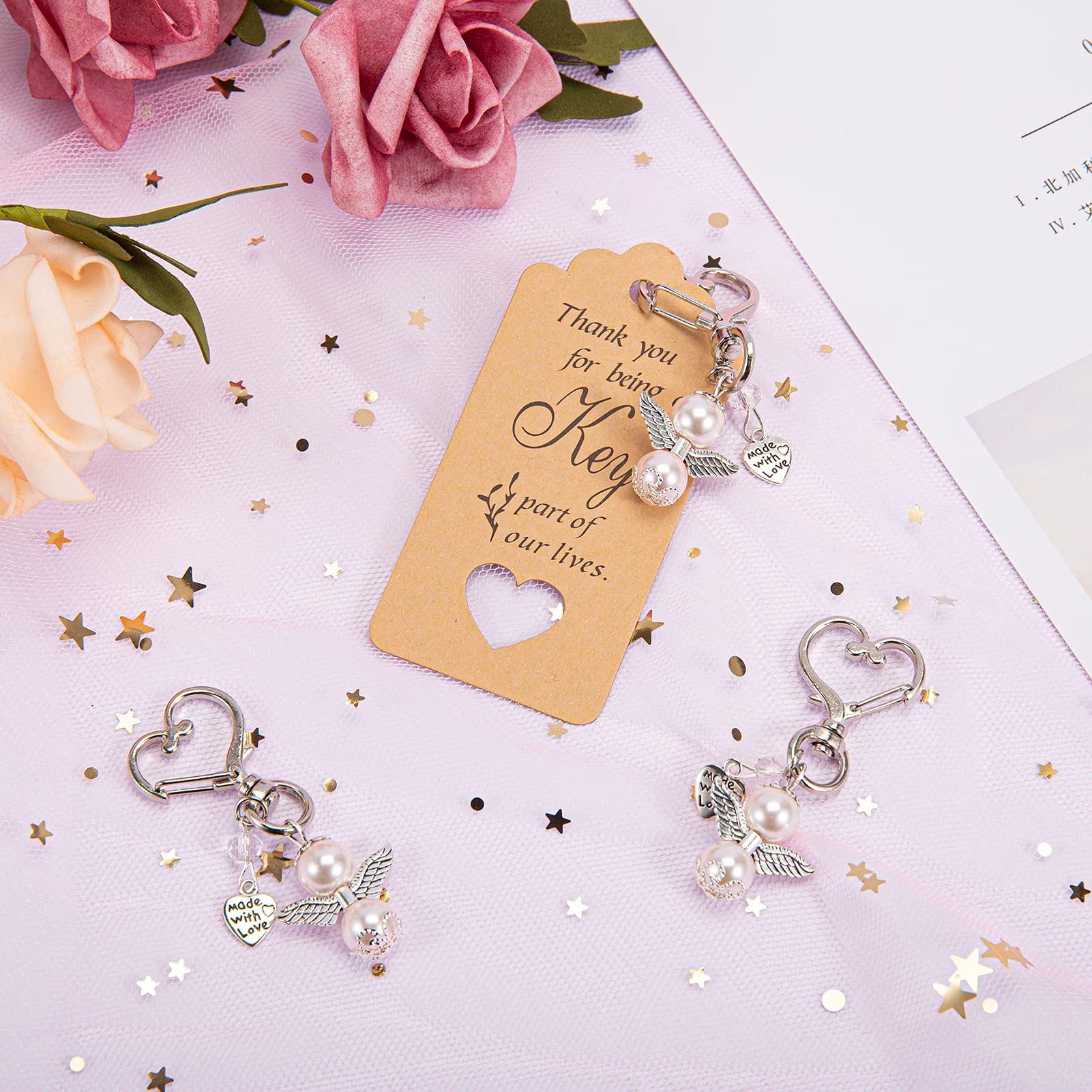 Garvee Lotto 20 Portachiavi Angelo Custode con Perline - Regali Matrimonio e Battesimo - Lega di Zinco Resistente - Rosa Chiaro - Borsa Organza - Feste e Natale