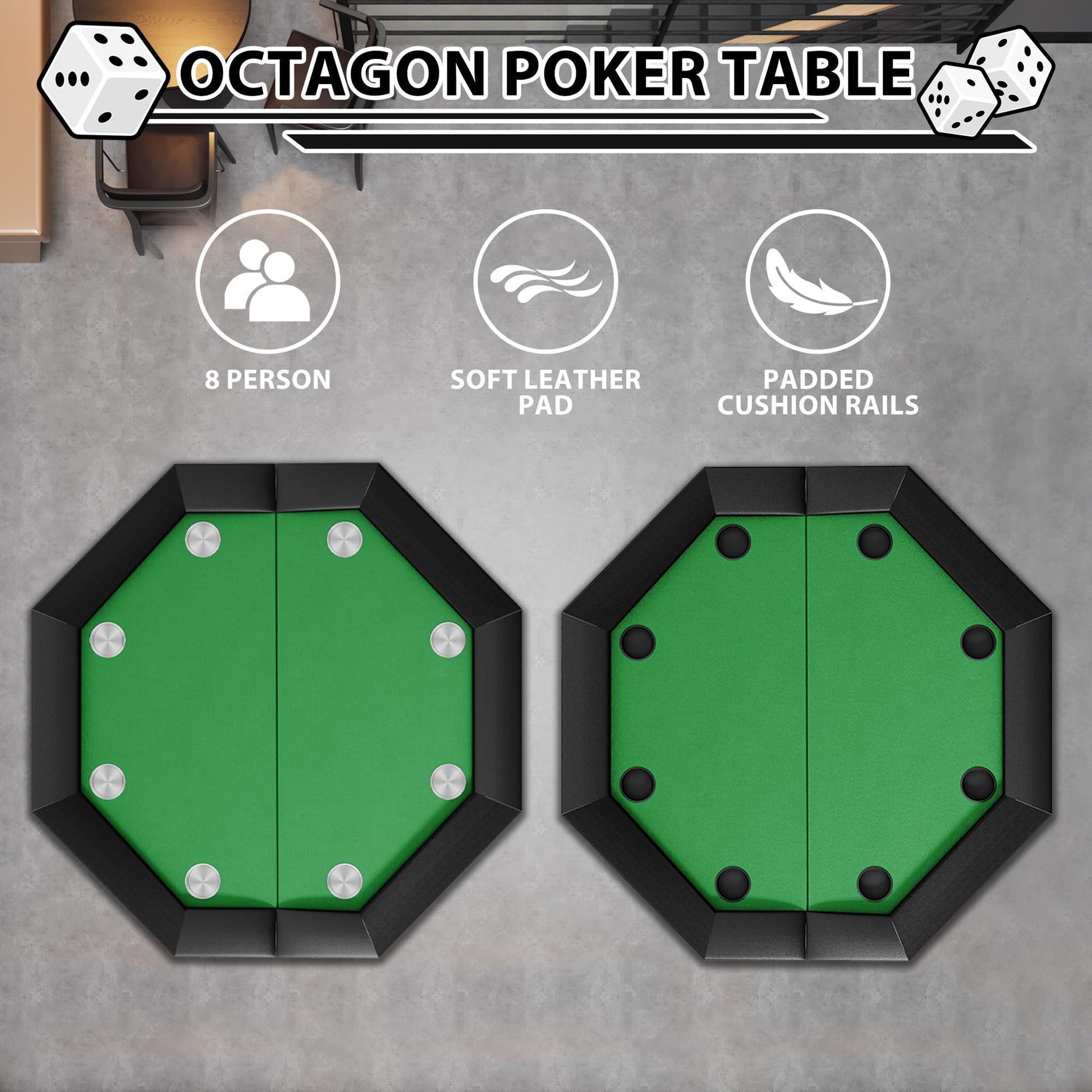 Tavolo da poker Garvee Octagon per 8 giocatori con portabicchieri in acciaio inossidabile per serate in famiglia e feste, 119.38 cm, verde