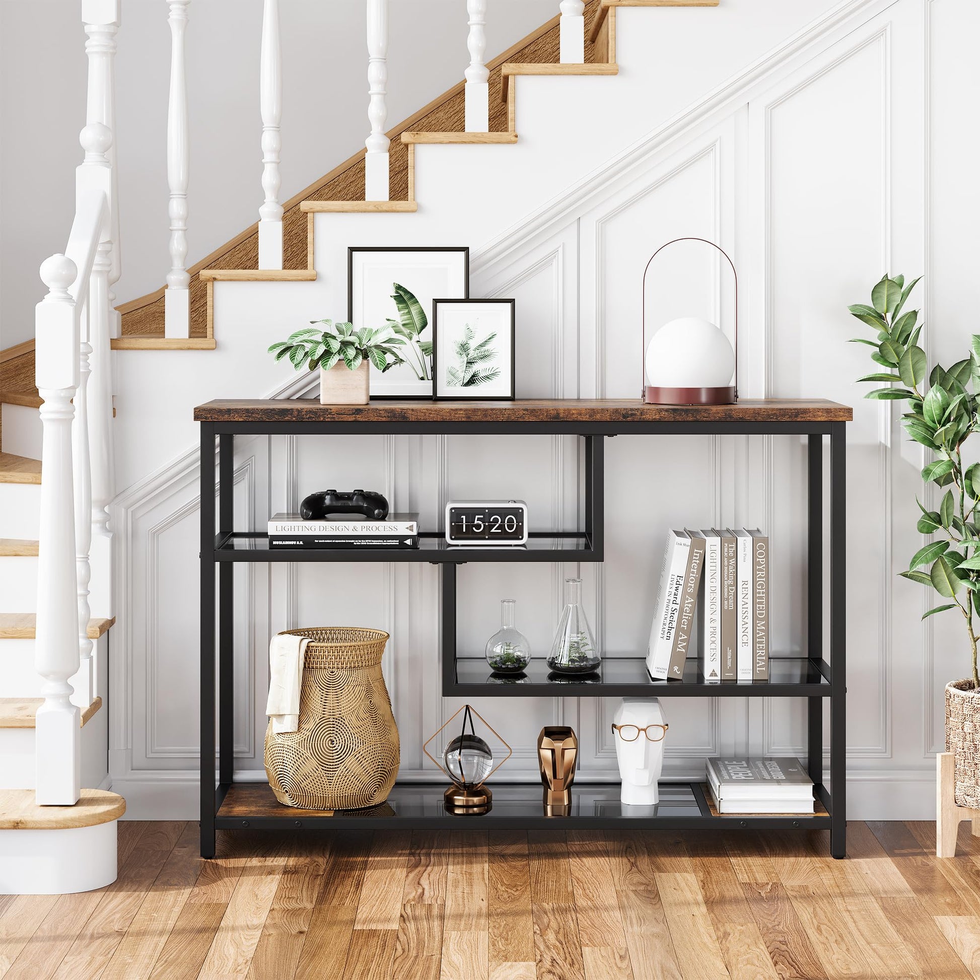 Tavolo consolle Garvee, 4 ripiani con ripiano in vetro e struttura in metallo per corridoio e soggiorno, 39,4" x 11,8" x 29,5", grigio rustico