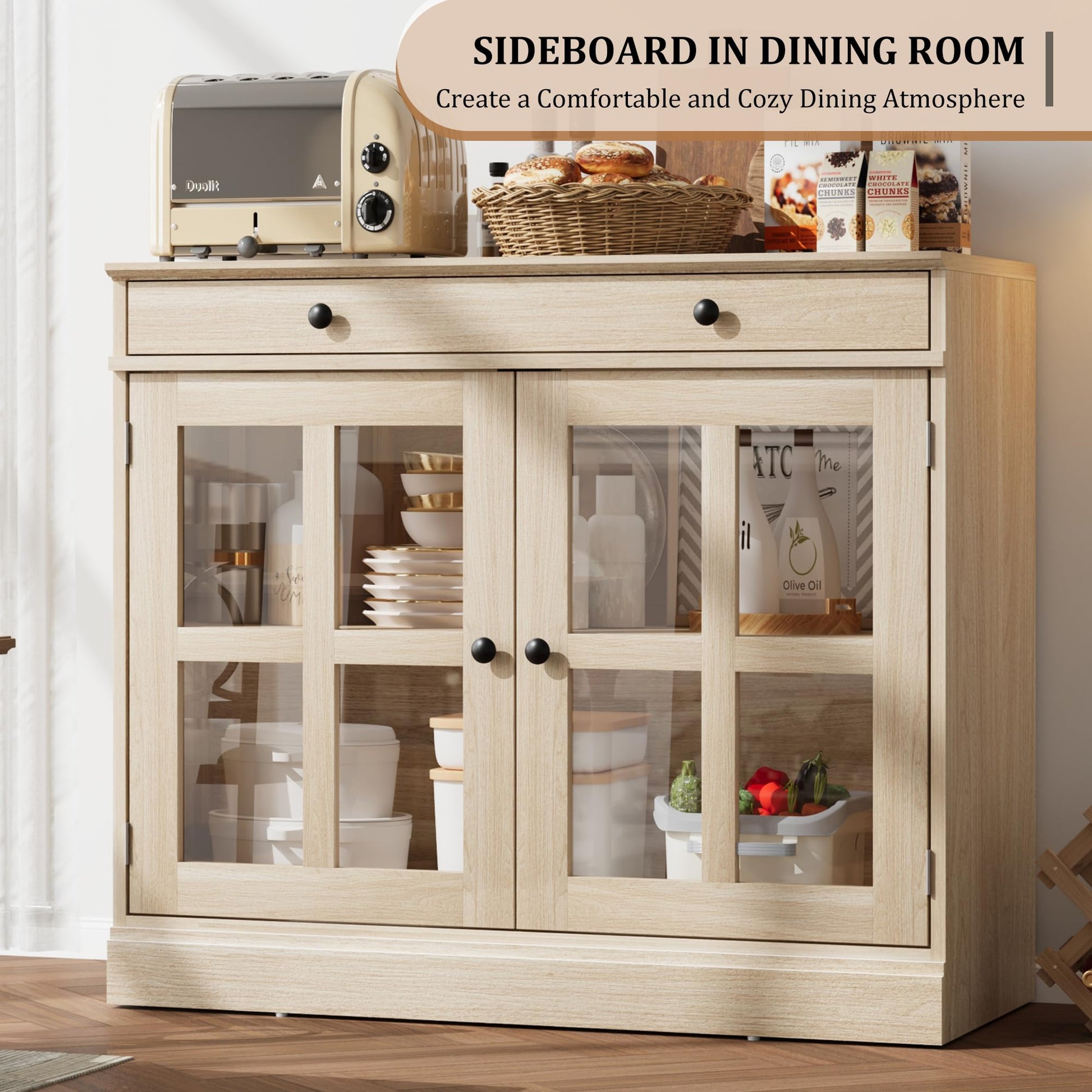 Credenza Garvee da 35,4" con anta in vetro, ripiani regolabili, chiusura ammortizzata, rovere, per sala da pranzo e cucina, struttura robusta, facile da montare