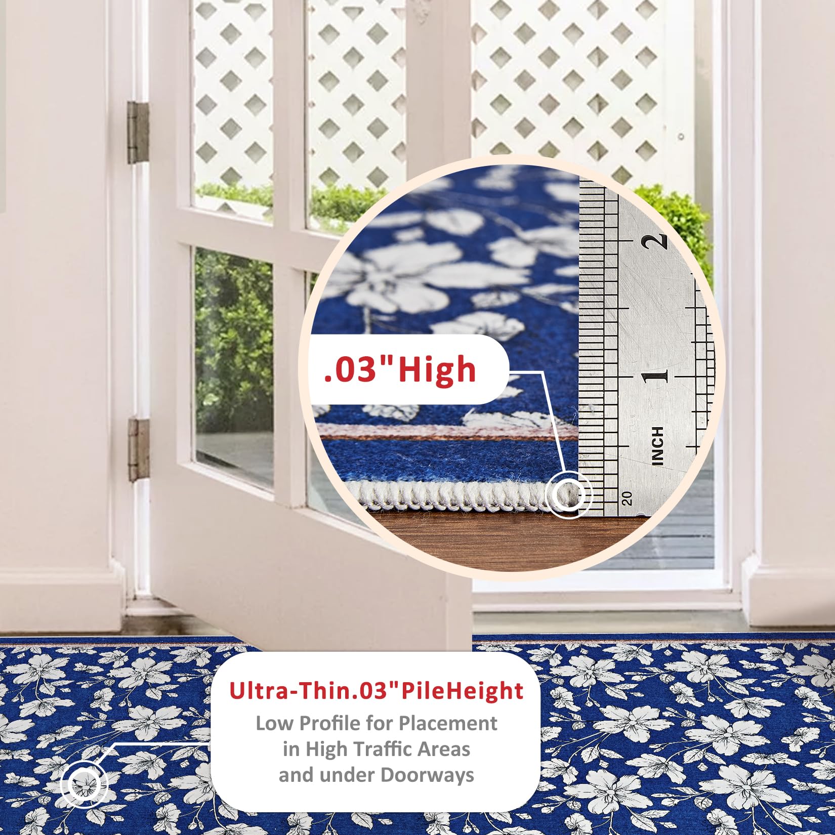 Tappeto per soggiorno Garvee lavabile con motivo floreale vintage, pelo corto, antiscivolo, morbido, grande, 200x290 cm, blu