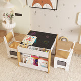 Garvee Set Tavolo e Sedie per Bambini 4 in 1, Tavolo Attività con Lavagna Doppia, Cassetto Contenitore, Legno Sicuro, Ripiani Laterali, Sedie con Cassetto, per Cameretta e Asilo, Multicolore - Bianco