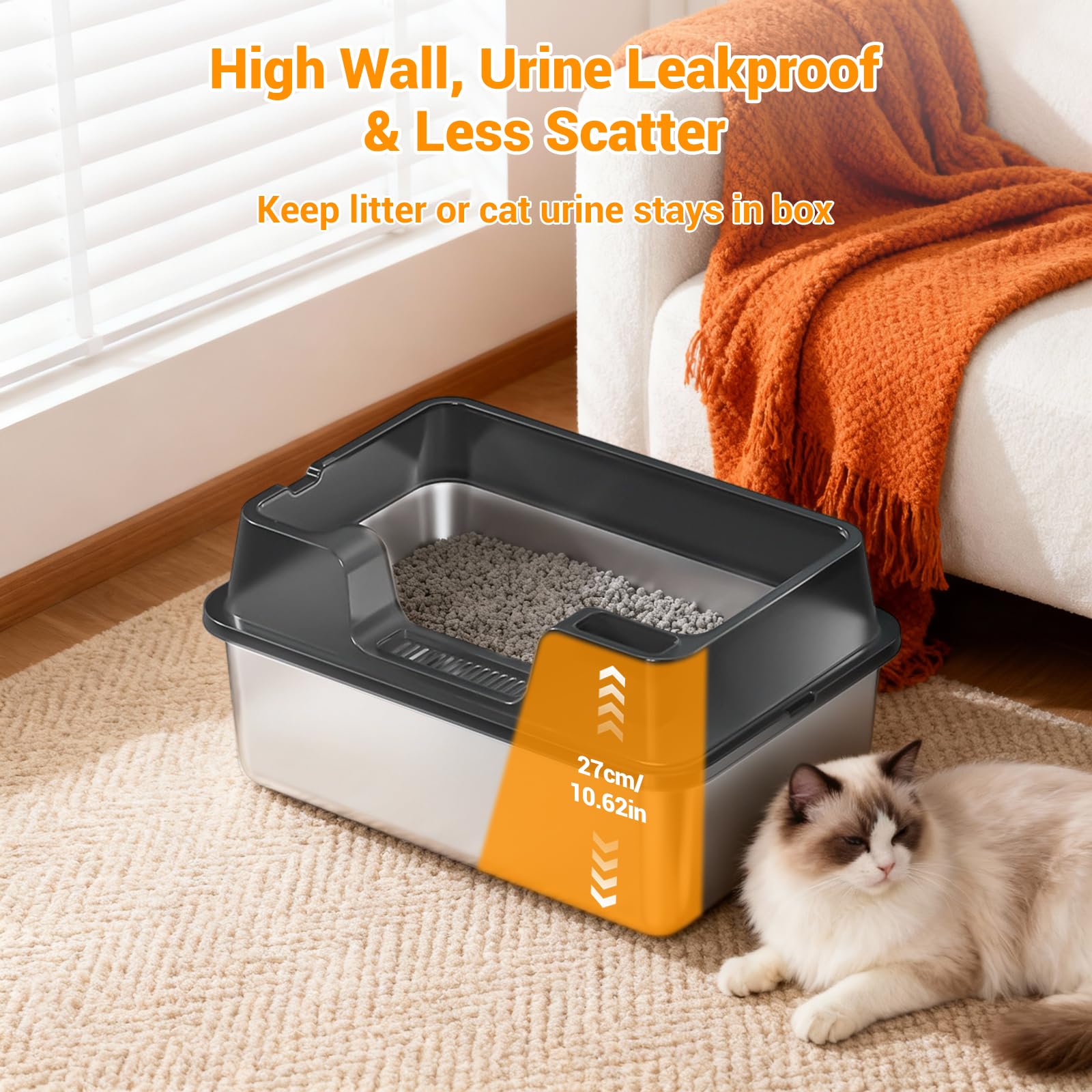 Garvee, grande lettiera per gatti in acciaio inox da 36 litri, semi-chiusa, con tappetino antiscivolo e paletta per lettiera, per famiglie con più gatti, 60x40x27 cm, nera