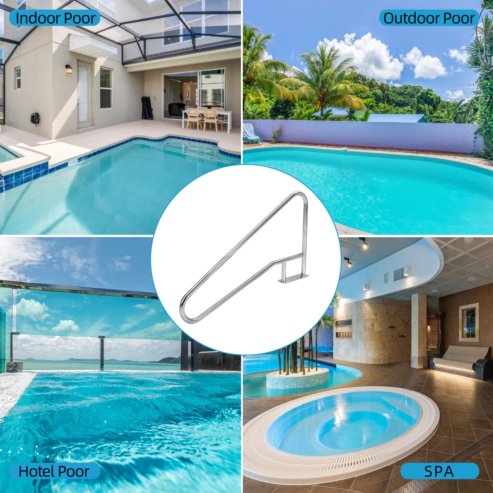 Corrimano per piscina Garvee 55"x32" in acciaio inossidabile 304, antiruggine, maniglia blu, base robusta per piscine interrate, capacità di carico di 385 libbre