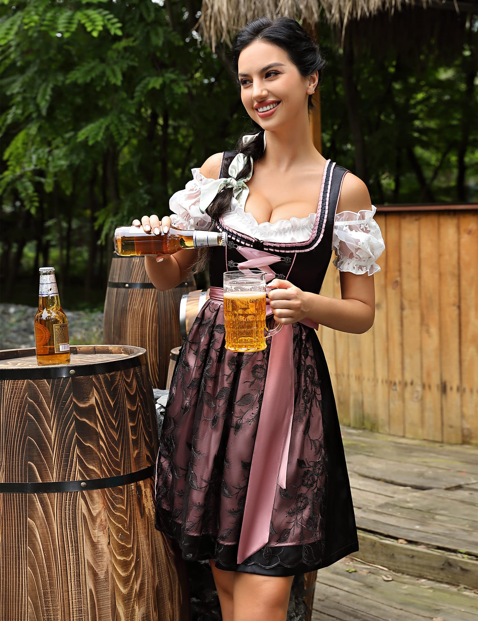Garvee - Vestito tradizionale Dirndl Midi da donna, set da 3 pezzi, nero, per l'Oktoberfest e le occasioni speciali, taglia 36