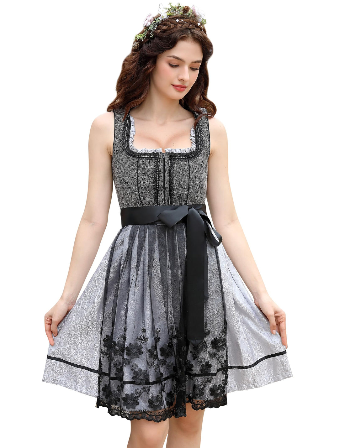 Garvee Dirndl Femme, abito midi tradizionale in 2 pezzi con grembiule per l'Oktoberfest, nero/grigio, taglia 34