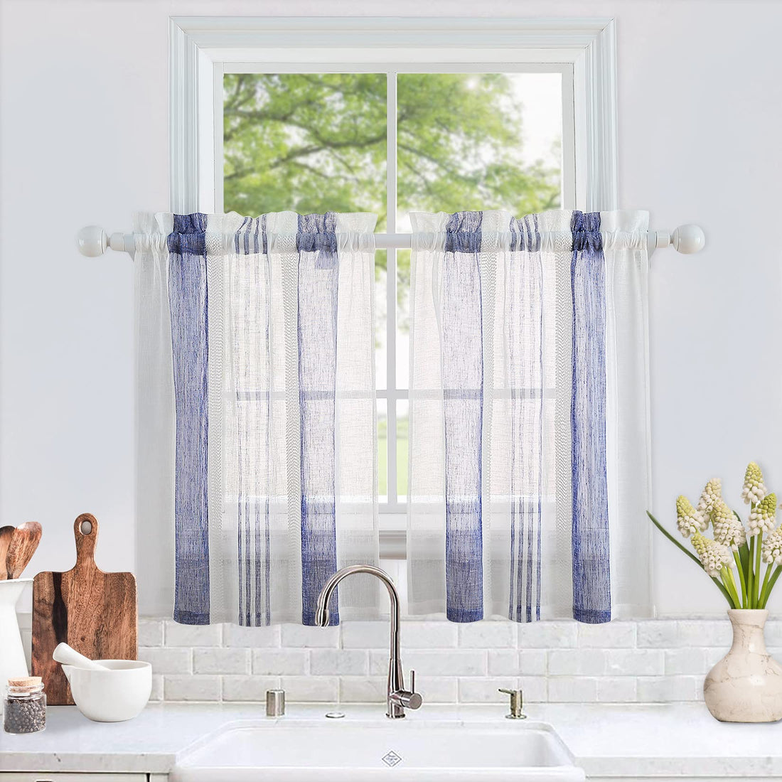 GARVEE Tende trasparenti da cucina blu navy 27x36" in poliestere semitrasparente a righe 2 pannelli per cucina e bagno