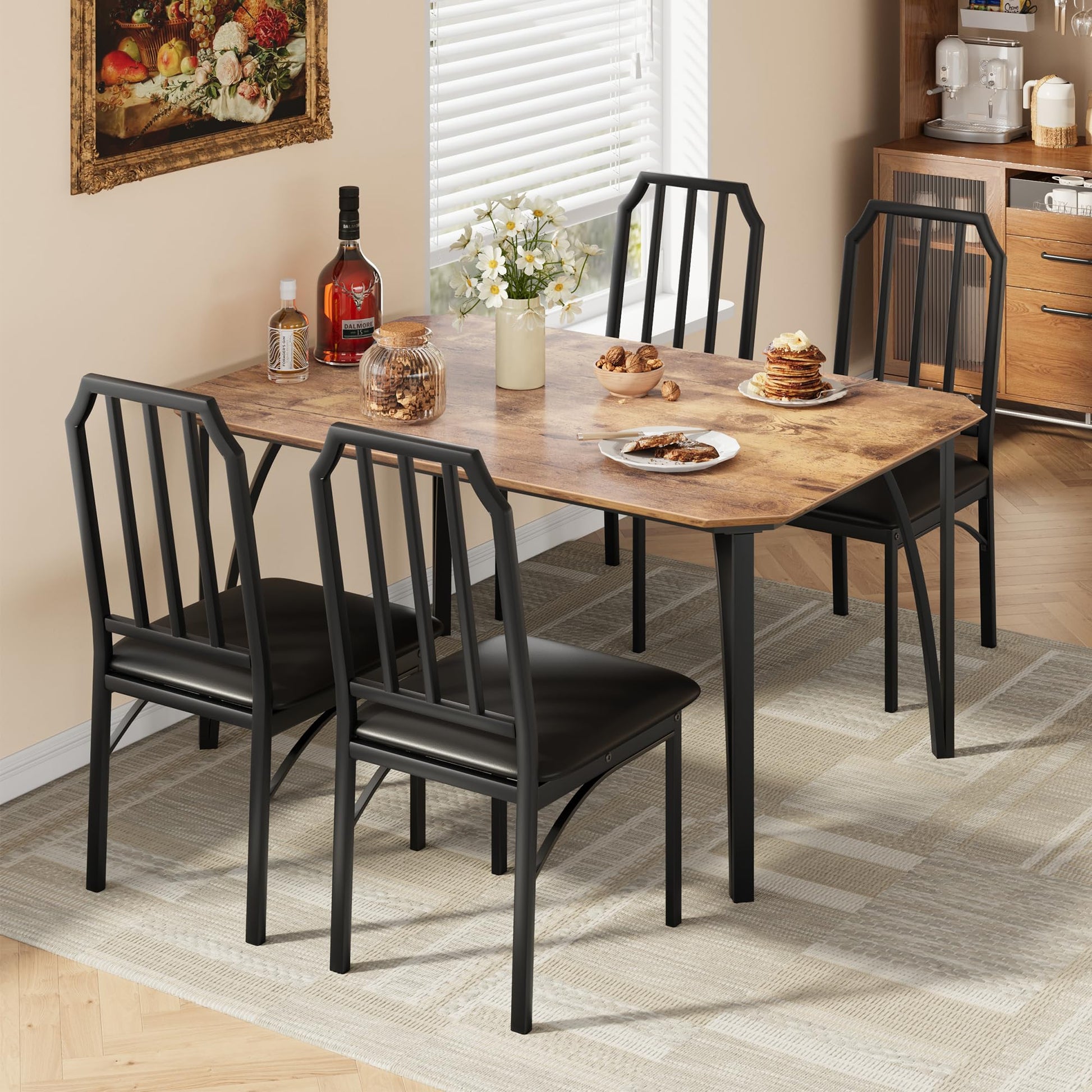 Set da pranzo Garvee per 4 persone con design smussato, sedie imbottite in PU, MDF e acciaio, marrone rustico, salvaspazio per cucine piccole