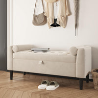 Panca contenitore Garvee da 46,5" con rivestimento in velluto, spazio di archiviazione e gambe in legno per corridoio e camera da letto, beige, imbottita, cerniere di sicurezza