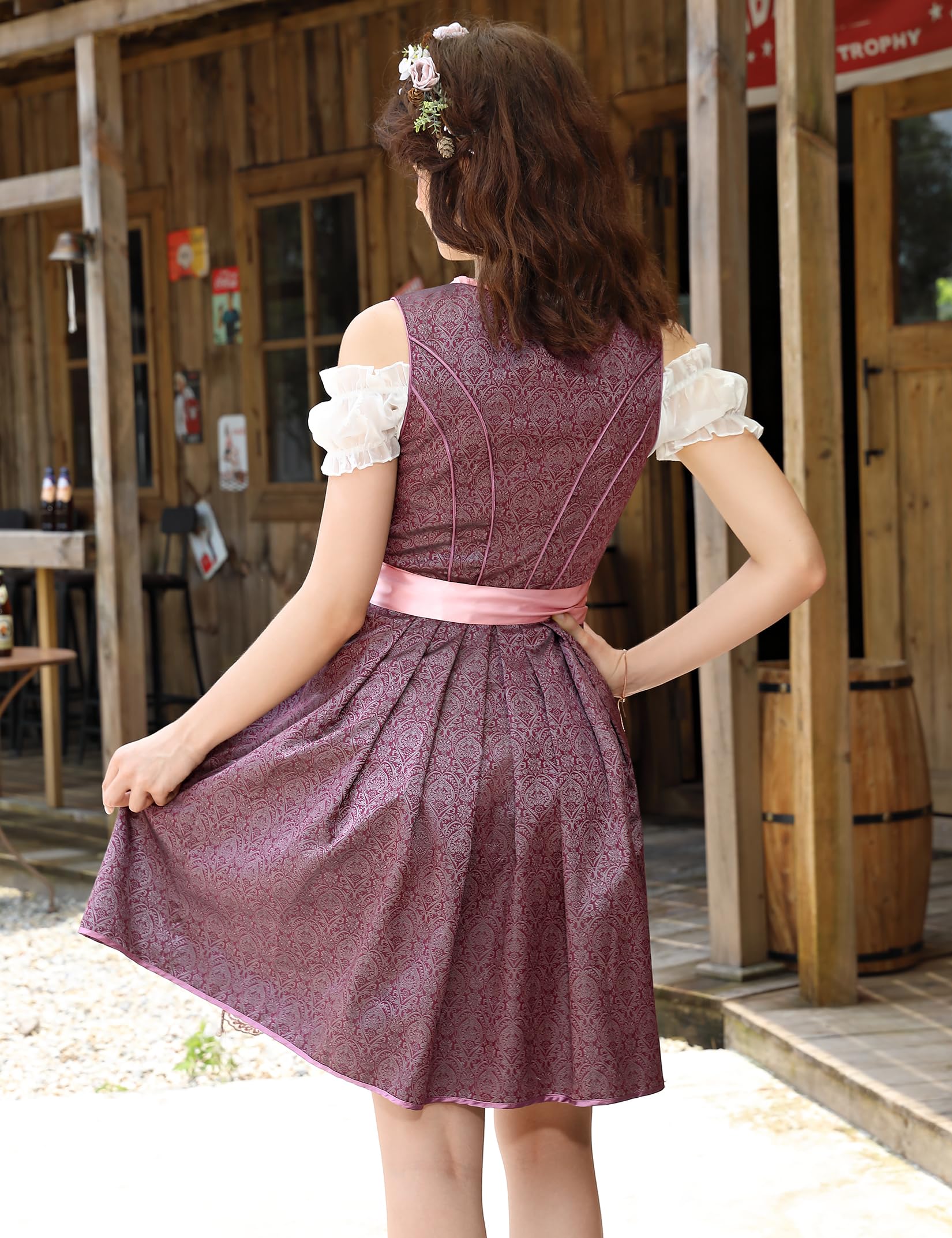 Garvee Dirndl - Abito tradizionale da donna, corto, midi, 3 pezzi, colore: Borgogna, taglia: 38