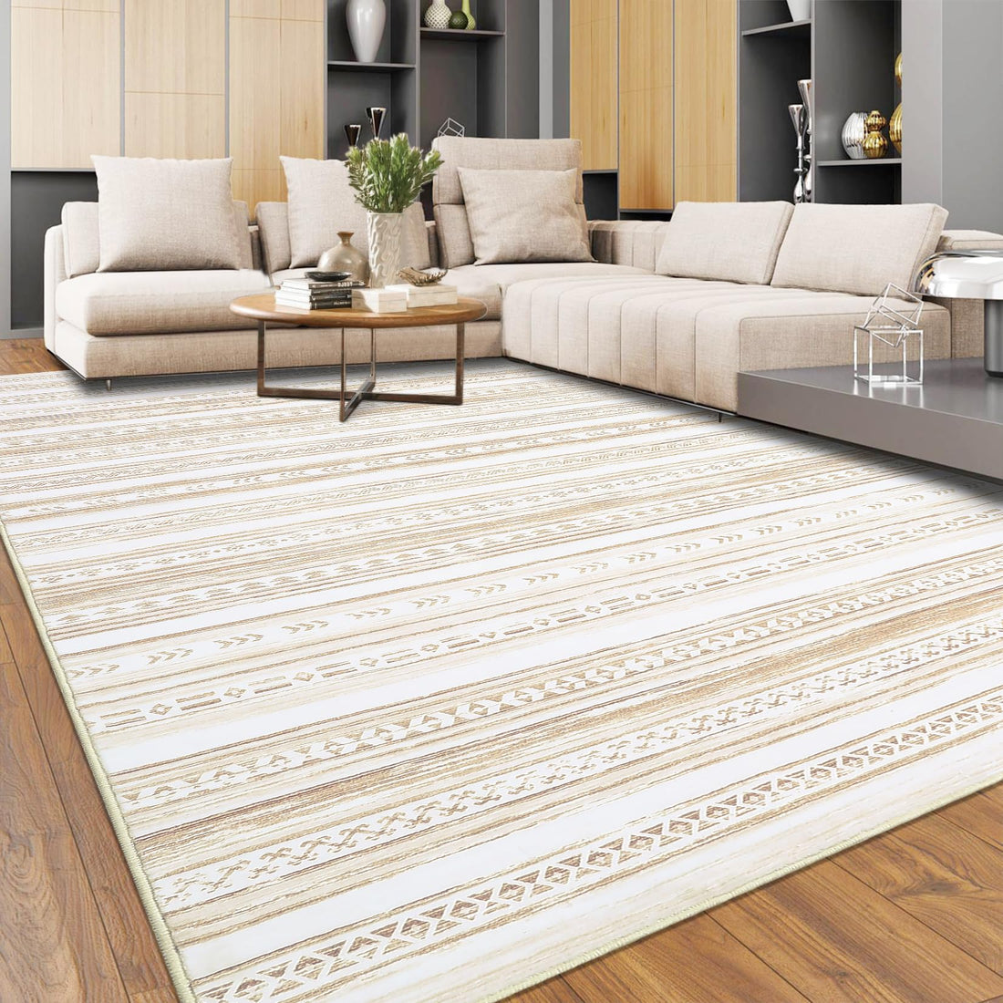 Garvee Teppich Wohnzimmer Marokkanisches Design Rutschfest Waschbar Kaschmirimitat 160x230cm Creme-Braun
