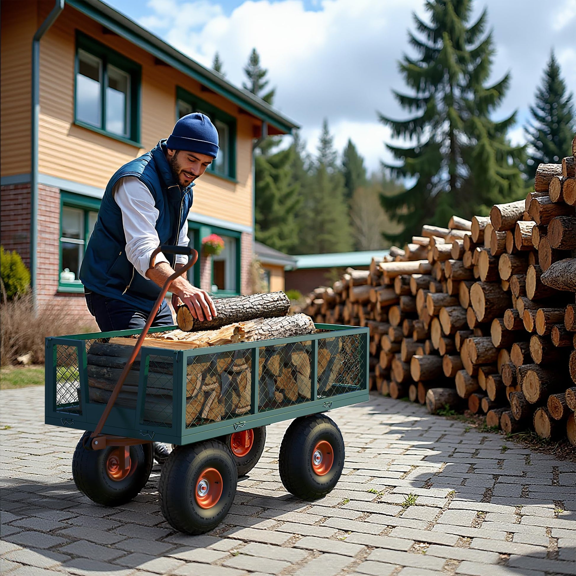 Carrello da giardino in acciaio Garvee con ruote da 10 pollici, capacità di carico di 500 libbre, lati rimovibili, maniglia girevole a 180°, robusto verde/arancione per giardino e cortile