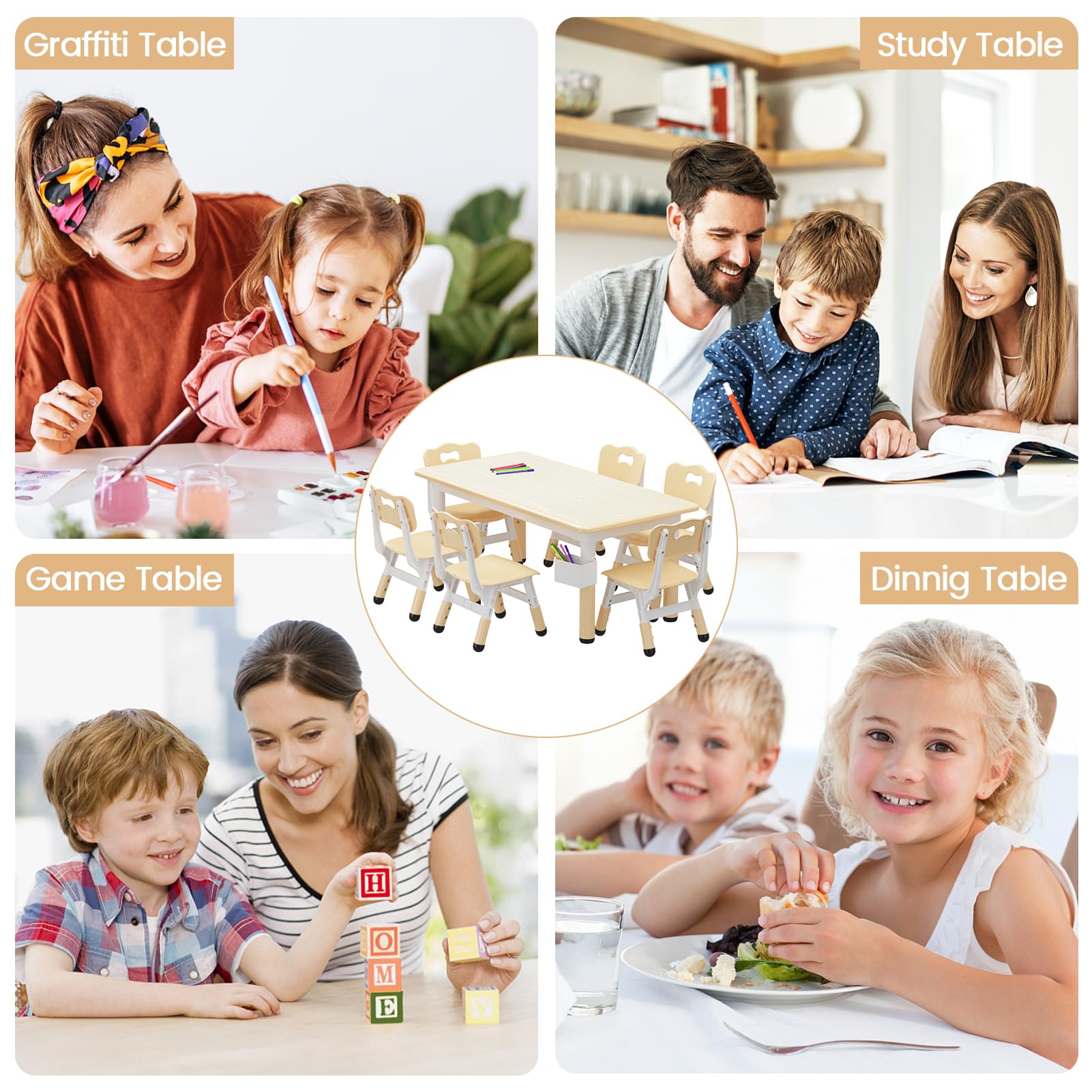 Tavolo per bambini Garvee e set di 6 sedie, altezza regolabile, piano del tavolo con graffiti, gambe antiscivolo, tavolo per attività per la casa e l'aula dei bambini