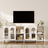 Credenza Garvee Buffet con ante in vetro, ripiani regolabili, MDF 3C, vetro, maniglie in metallo, bianco moderno, per soggiorno e sala da pranzo