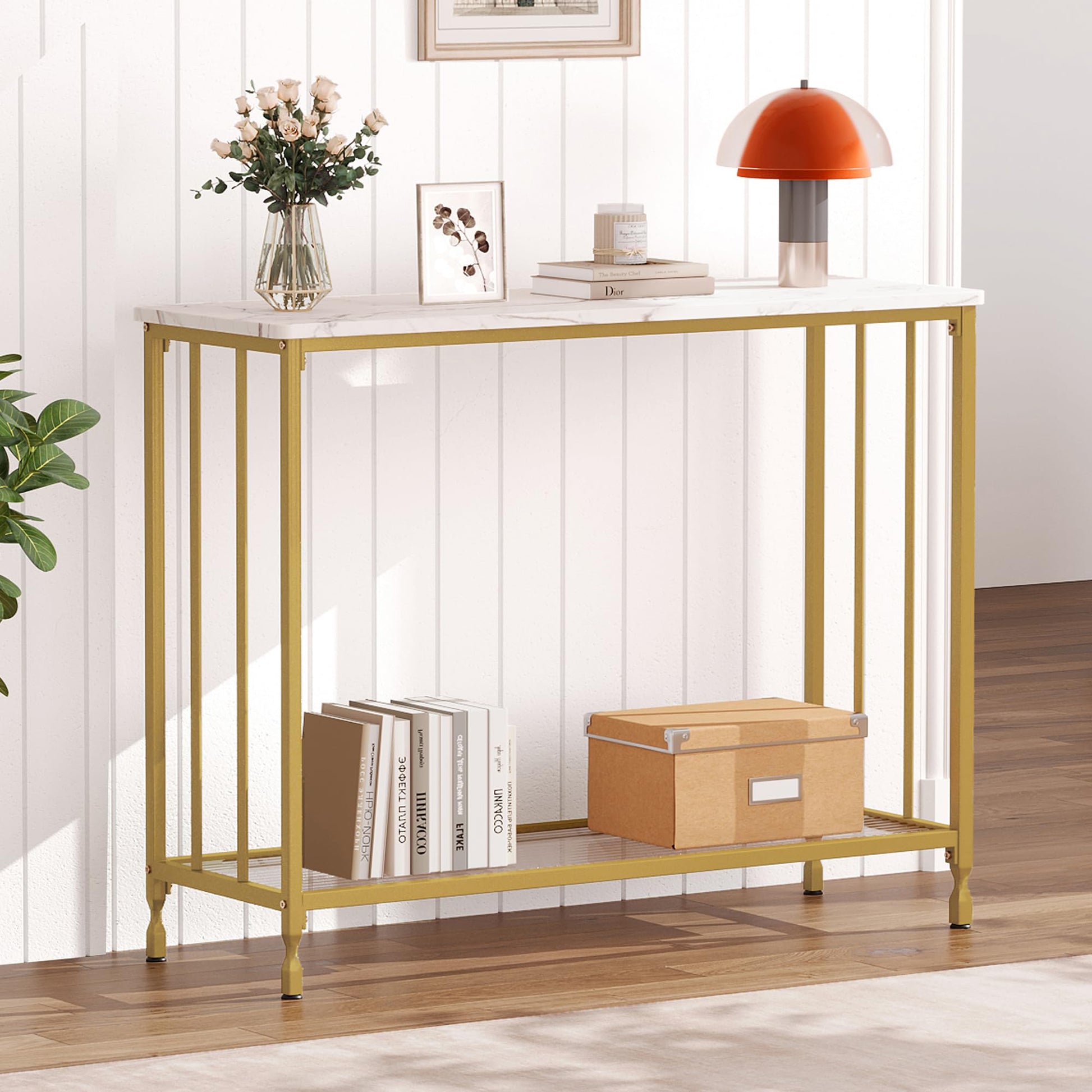 Tavolo stretto Garvee da 33.5" con ripiano in vetro, struttura in metallo, effetto legno vintage per soggiorno e corridoio, piedini regolabili, design robusto