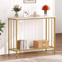 Tavolo stretto Garvee da 33.5" con ripiano in vetro, struttura in metallo, effetto legno vintage per soggiorno e corridoio, piedini regolabili, design robusto