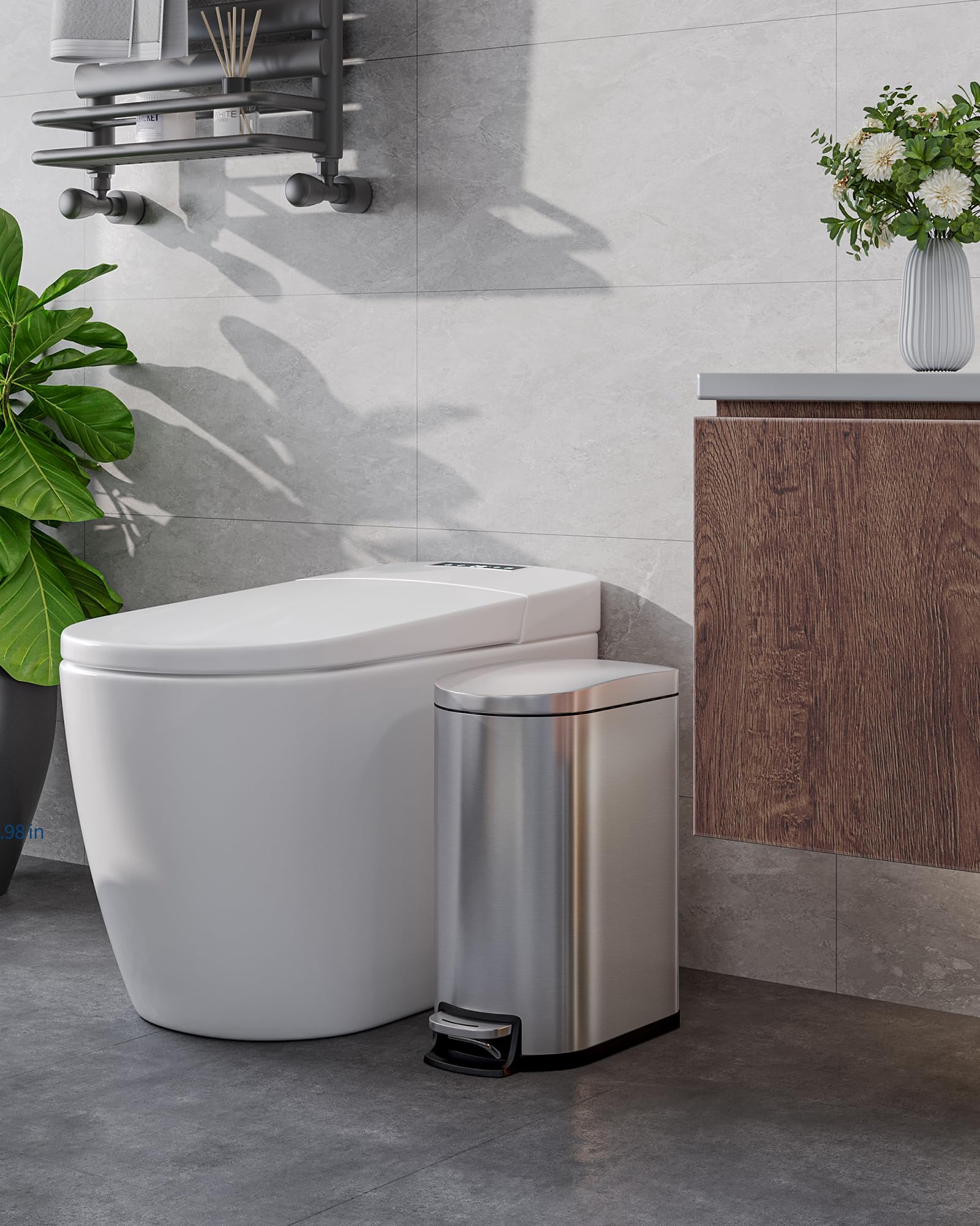 Pattumiera Garvee in acciaio inox da 10 litri con coperchio a chiusura ammortizzata e contenitore interno per bagno e camera da letto, compatta, impermeabile, con maniglia, argento